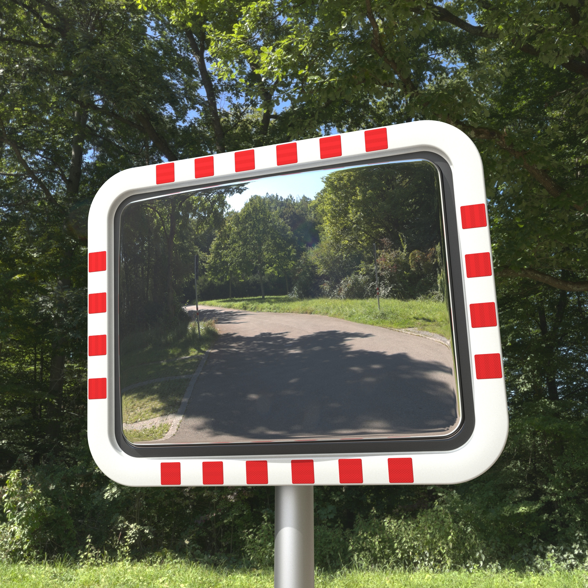 Rechteckiger Verkehrsspiegel 600x800 mm mit rot-weißem Warnrahmen, im Außenbereich montiert, zeigt den Blick auf eine Straße mit Kurve im bewaldeten Gebiet.