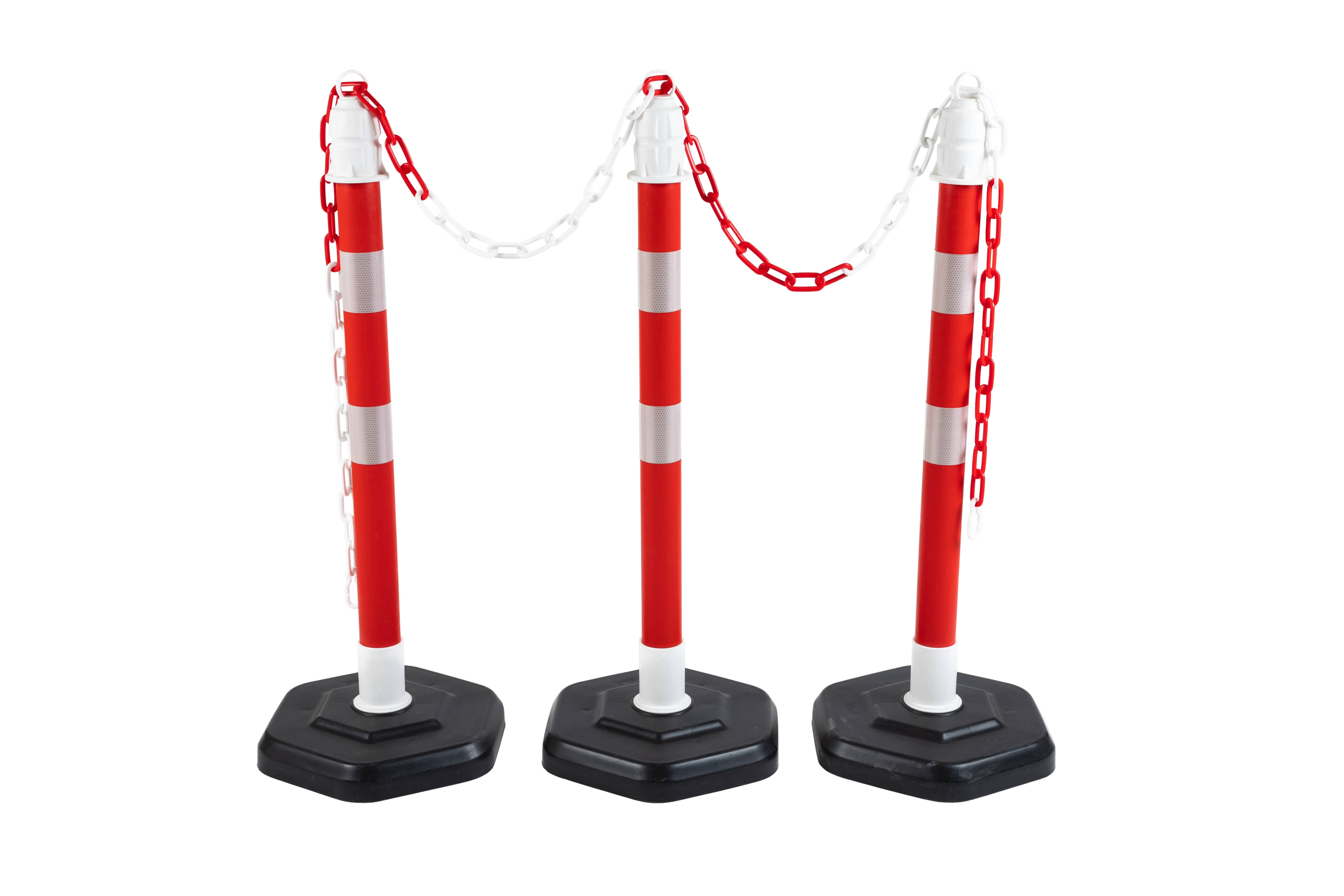 Kettenständer-Set mit rot-weißen Kunststoffpfosten und passender Absperrkette