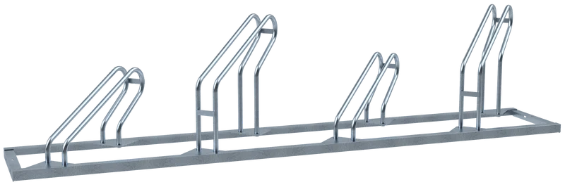 Fahrradständer mit vier schräg nach rechts ausgerichteten Stellplätzen, feuerverzinkte Stahlkonstruktion mit versetzten Einstellbügeln und Bodenrahmen