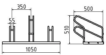 Technische Zeichnung eines Fahrradständers mit drei Stellplätzen in gerader Ausführung, Seiten- und Frontansicht mit Maßangaben