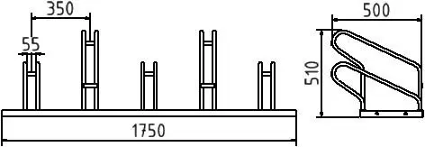 Technische Zeichnung eines Fahrradständers mit fünf Plätzen in gerader Ausführung, Maße: 1750 mm Breite, 510 mm Höhe, 500 mm Tiefe, Einstellbreite 55 mm, Abstand zwischen den Plätzen 350 mm