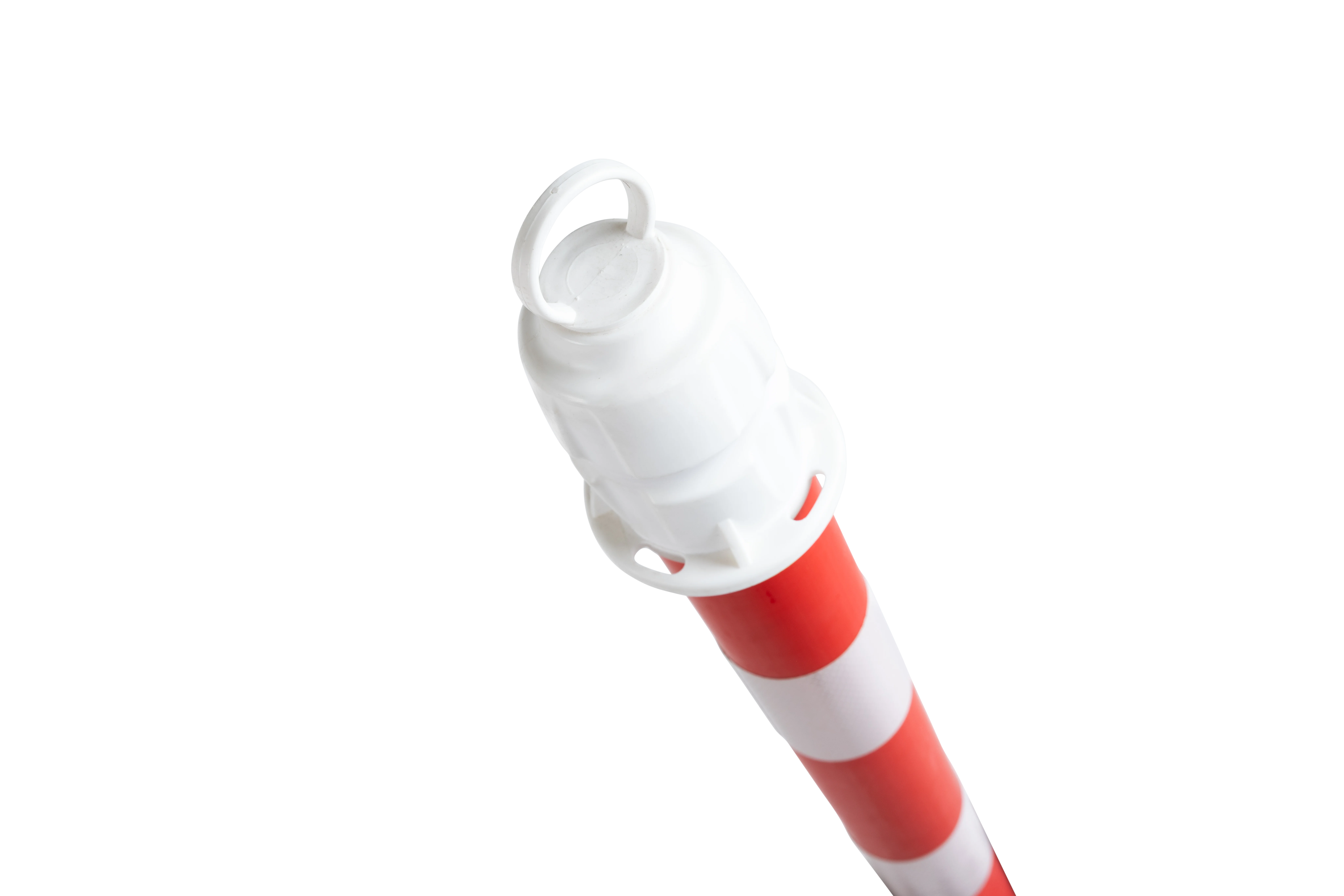 chrägansicht eines rot-weißen Kettenständers mit weißem Kettenkopf und Ringbefestigung