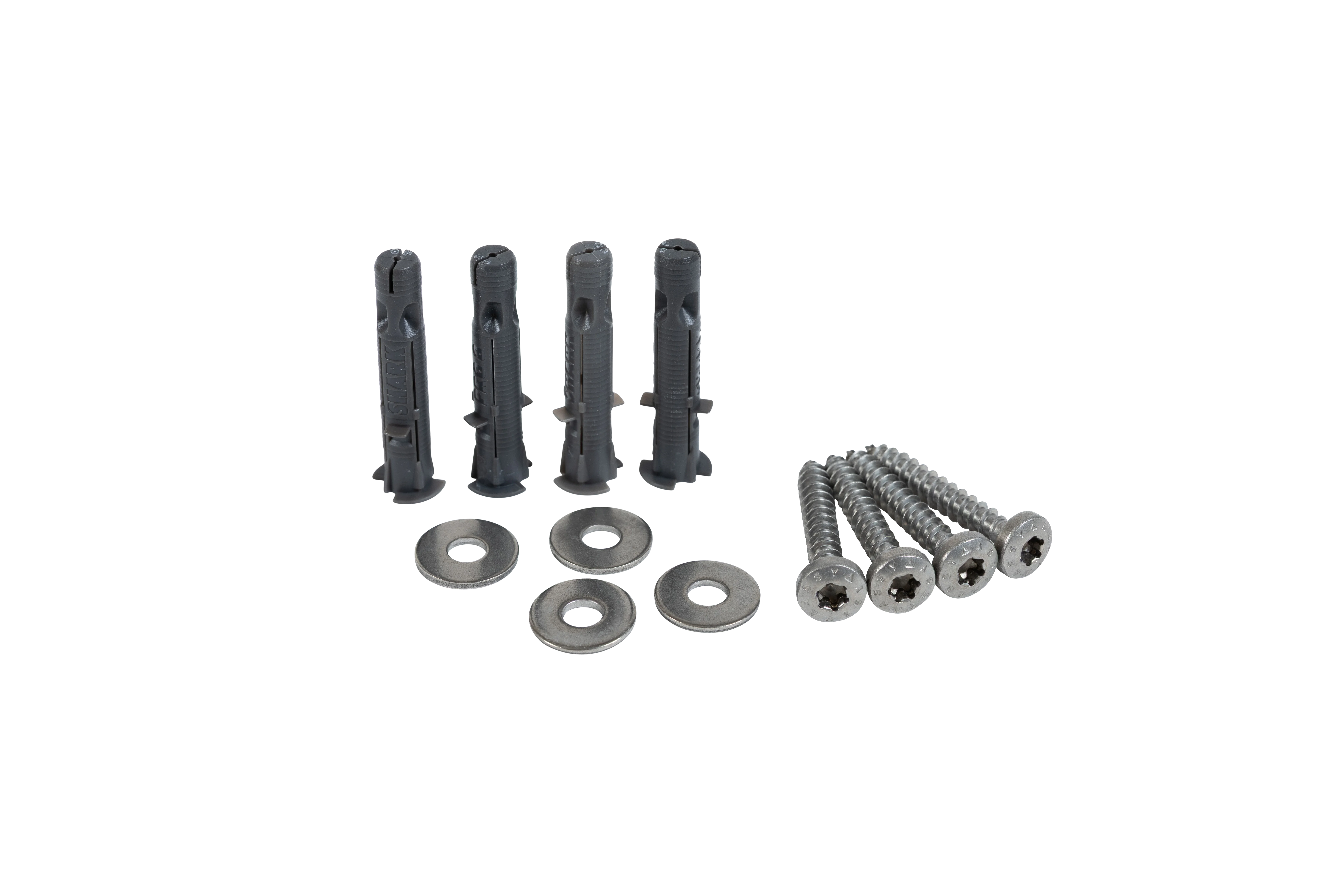 Wandmontageset bestehend aus vier Schrauben, vier Dübeln und vier Unterlegscheiben nebeneinander aufgereiht