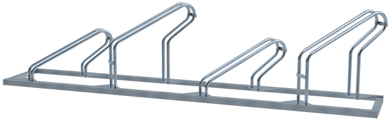 ahrradständer mit vier schräg nach rechts ausgerichteten Stellplätzen, feuerverzinkte Ausführung mit durchgehender Bodenplatte und versetzter Radführung