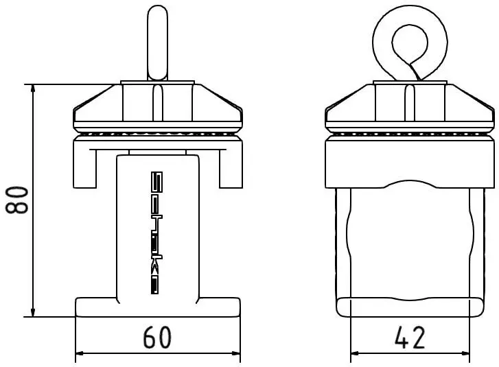 Technische Zeichnung der Schildklemme mit Öse, Maße 80 mm Höhe, 60 mm Breite, 42 mm Tiefe