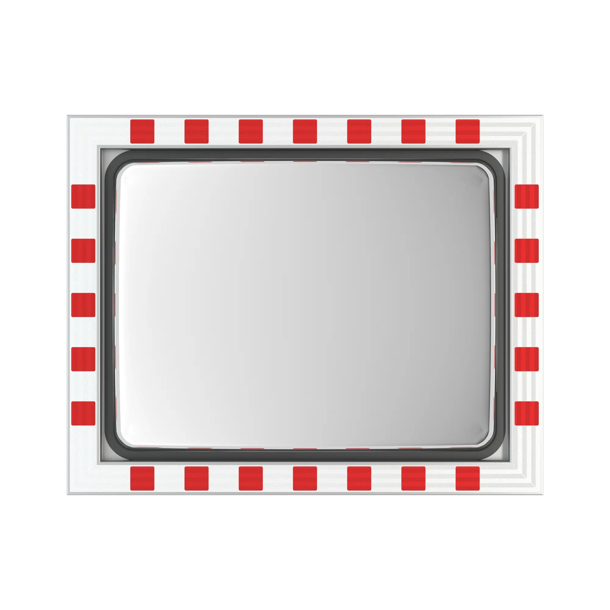 Rechteckiger Verkehrsspiegel mit rot-weißem Rahmen im Deluxe-Design, Frontalansicht auf reflektierende Oberfläche.
