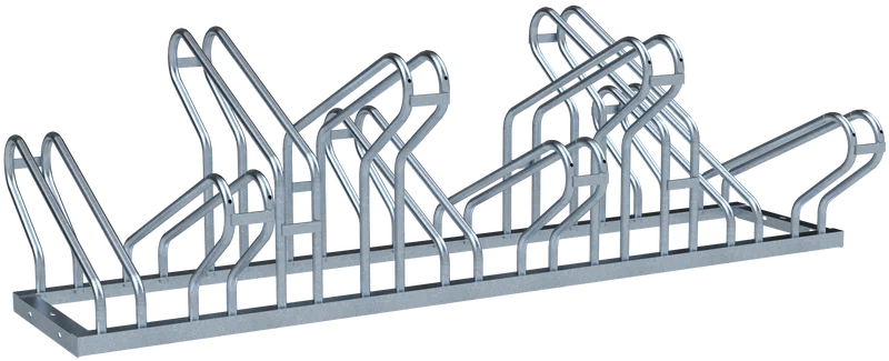 Doppelseitiger Fahrradständer mit zehn Stellplätzen in zwei gegenüberliegenden Reihen, feuerverzinkte Stahlkonstruktion mit versetzten Radführungen