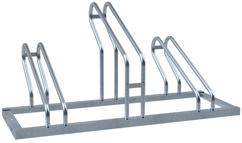 Fahrradständer mit zwei Stellplätzen in gerader Ausführung, feuerverzinkte Stahlkonstruktion mit versetzten Einstellbügeln, schräge Rückansicht