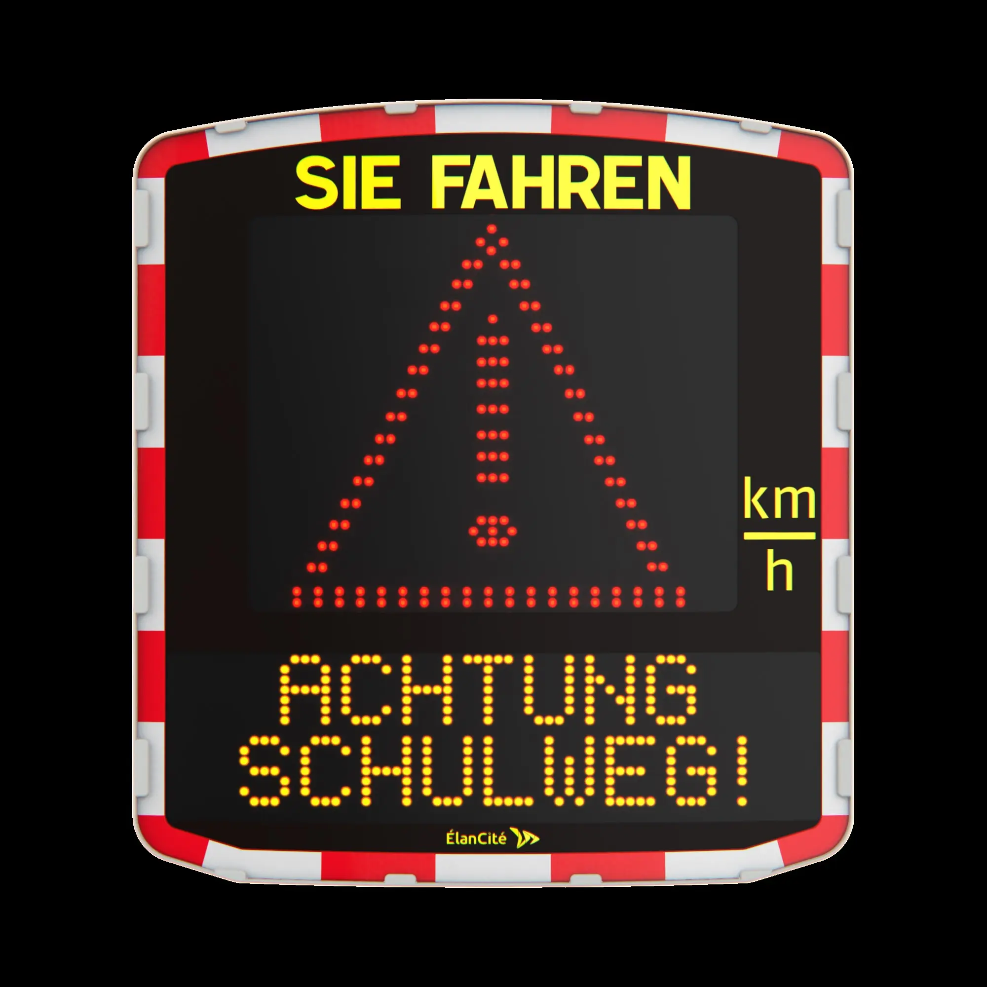  Elektronische Geschwindigkeitsanzeige mit rotem Warndreieck und der Aufschrift „SIE FAHREN – ACHTUNG SCHULWEG!“