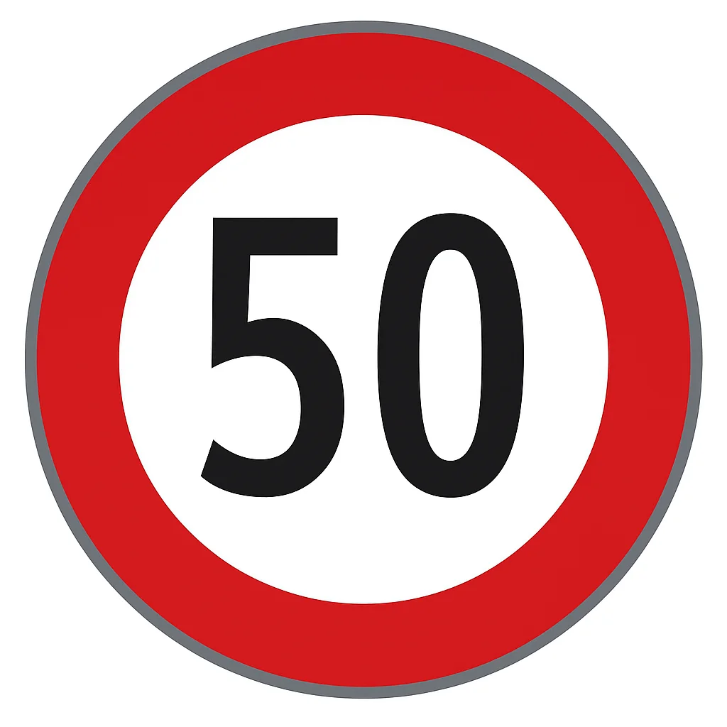 Geschwindigkeitsbeschränkung auf 50 km/h. Verkehrszeichen mit rotem Rand und schwarzer Zahl 50 