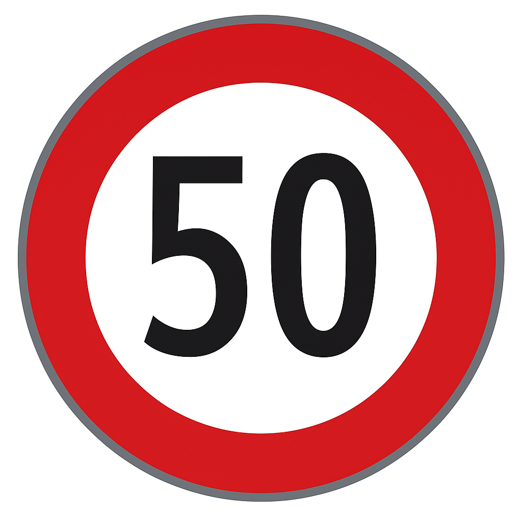 Geschwindigkeitsbeschränkung auf 50 km/h. Verkehrszeichen mit rotem Rand und schwarzer Zahl 50 