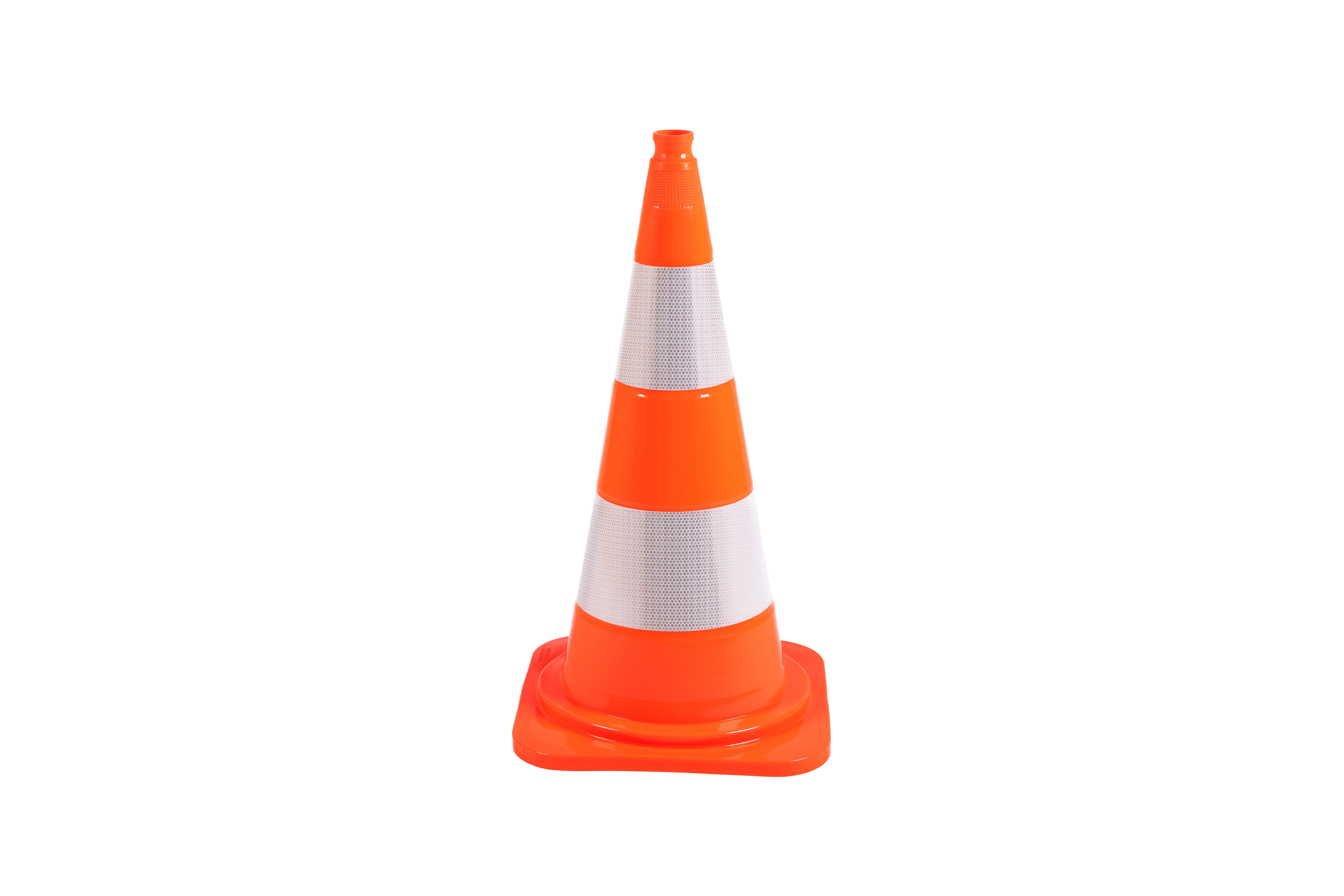 Leitkegel in orange mit zwei weißen, reflektierenden Streifen und breitem Standfuß