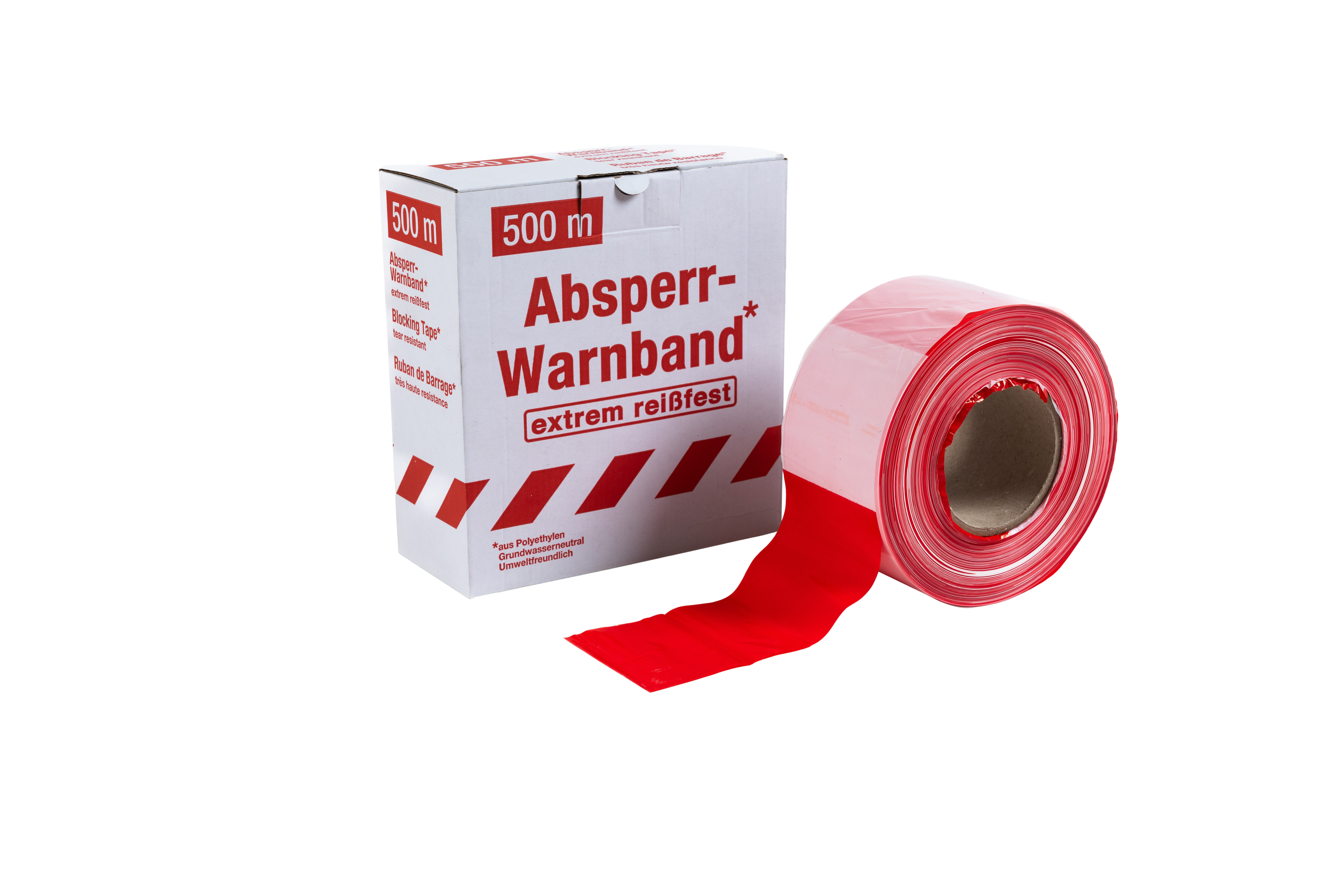  Rote Rolle Absperrband mit Kartonverpackung – Aufdruck „Absperr-Warnband, extrem reißfest, 500 m“ – geeignet als Flatterband für temporäre Absperrungen