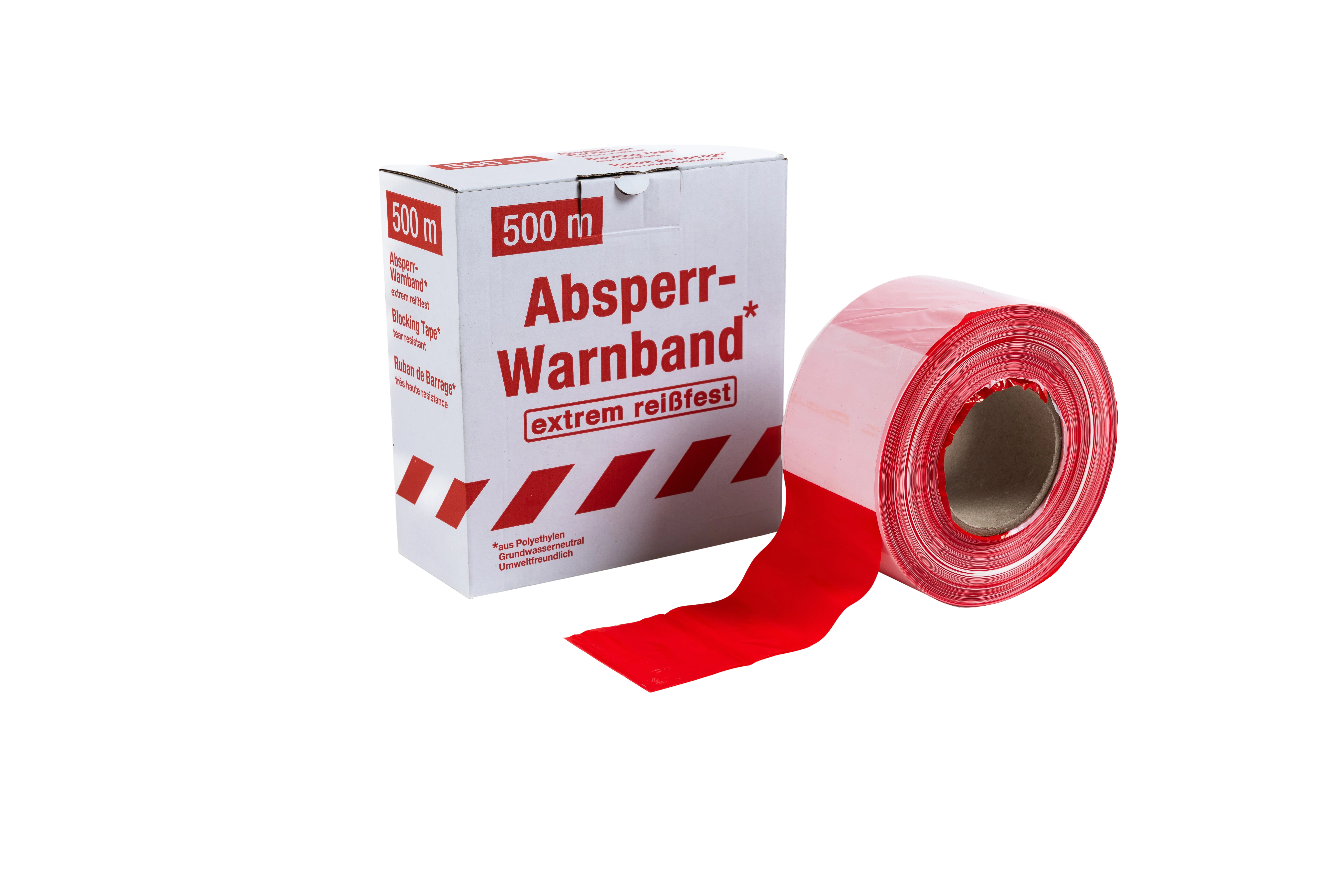  Rote Rolle Absperrband mit Kartonverpackung – Aufdruck „Absperr-Warnband, extrem reißfest, 500 m“ – geeignet als Flatterband für temporäre Absperrungen