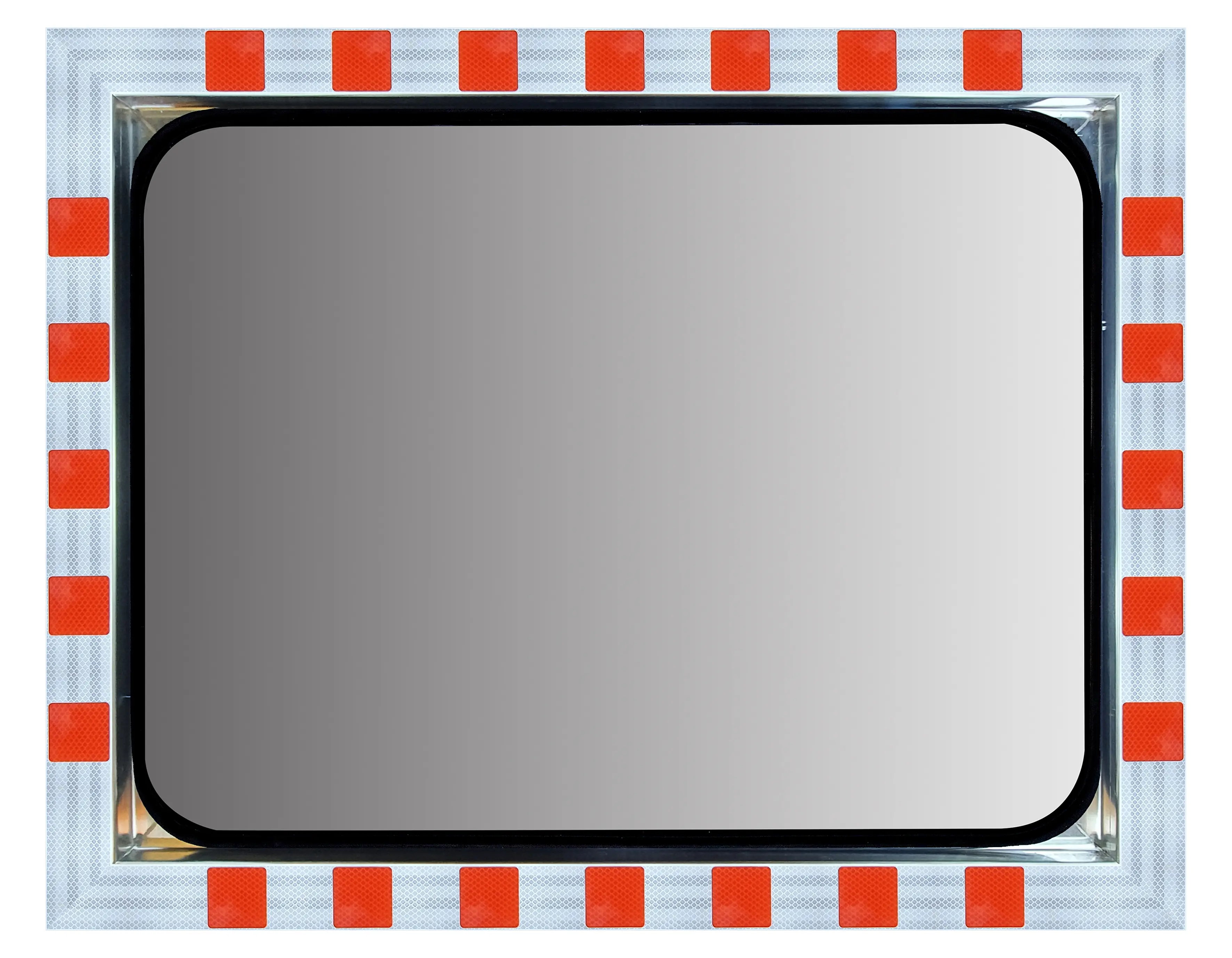 Großer rechteckiger Verkehrsspiegel mit abgerundeten Ecken und rot-weiß reflektierendem Rahmen.