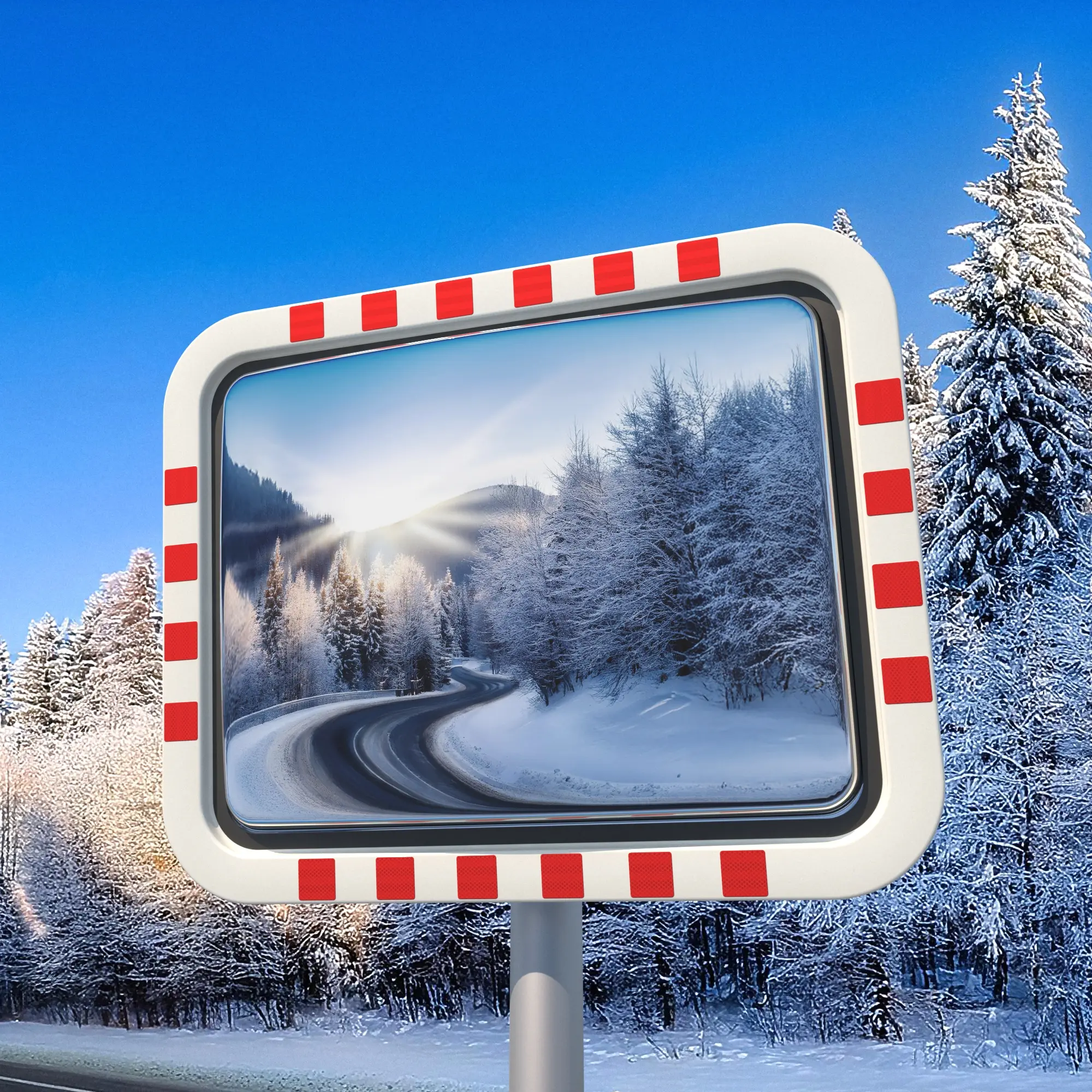 Verkehrsspiegel 600x800 mm – Winterlandschaft mit Kurve. Verkehrsspiegel 600x800 mm mit rot-weißem Rahmen zeigt verschneite, kurvige Bergstraße bei Sonnenaufgang – montiert im winterlichen Umfeld.