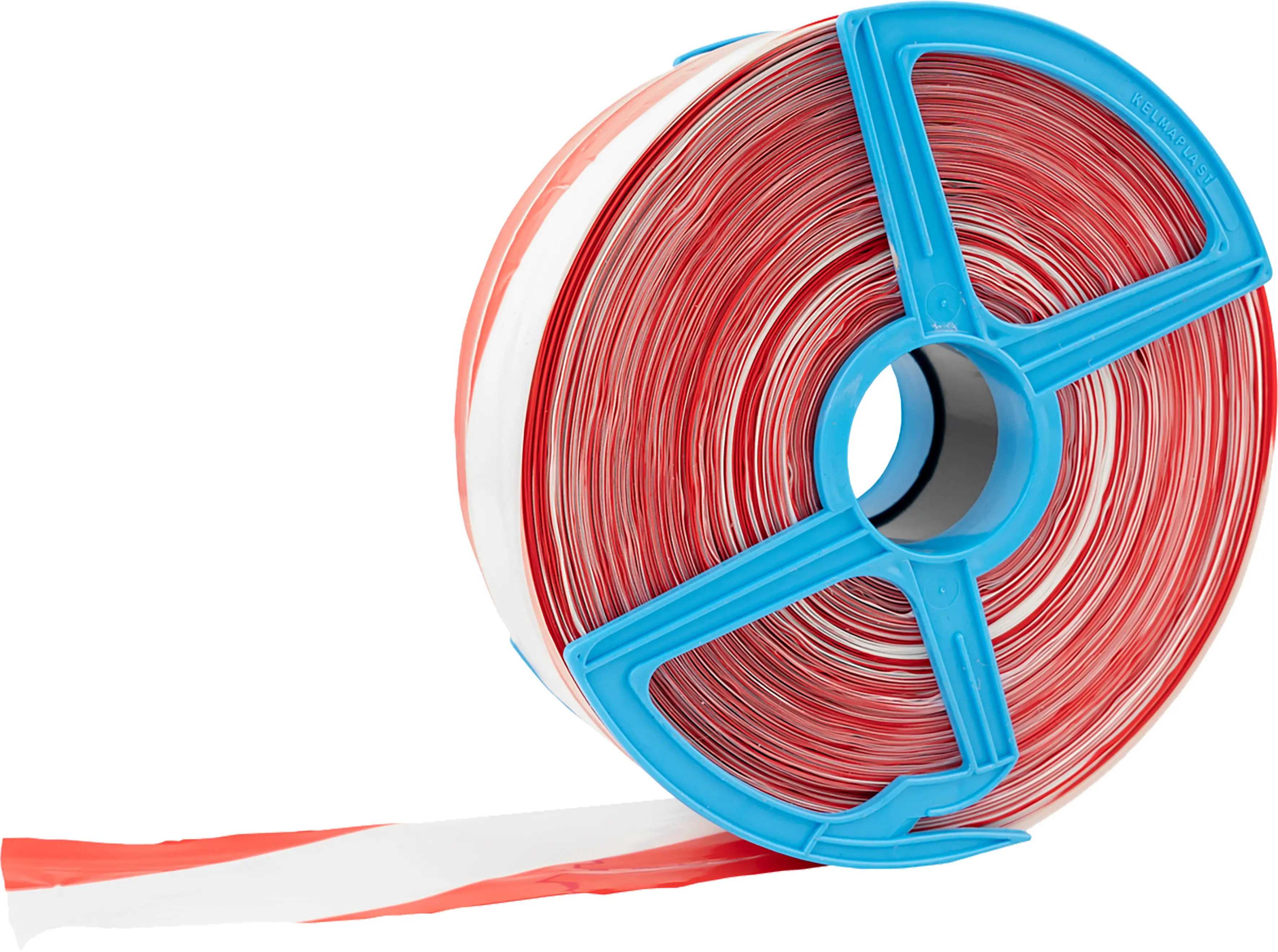Nylon Absperrband in rot-weiß mit blauem Abroller, teilweise entrollt auf weißem Hintergrund