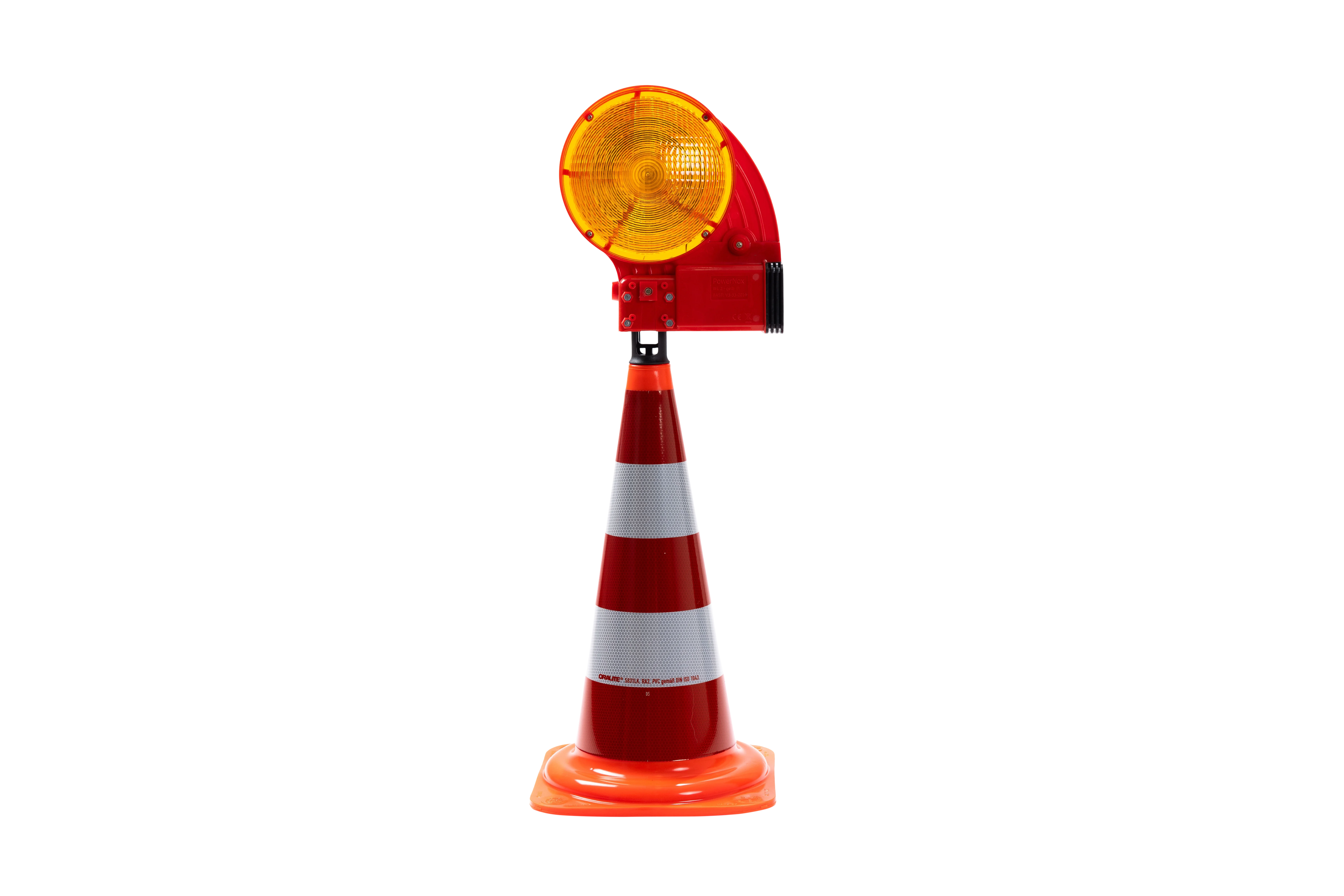 Leitkegel mit rot-weißen Reflexstreifen und montierter NOX Blitzleuchte zur temporären Verkehrsabsicherung auf Baustellen oder bei Notfällen.