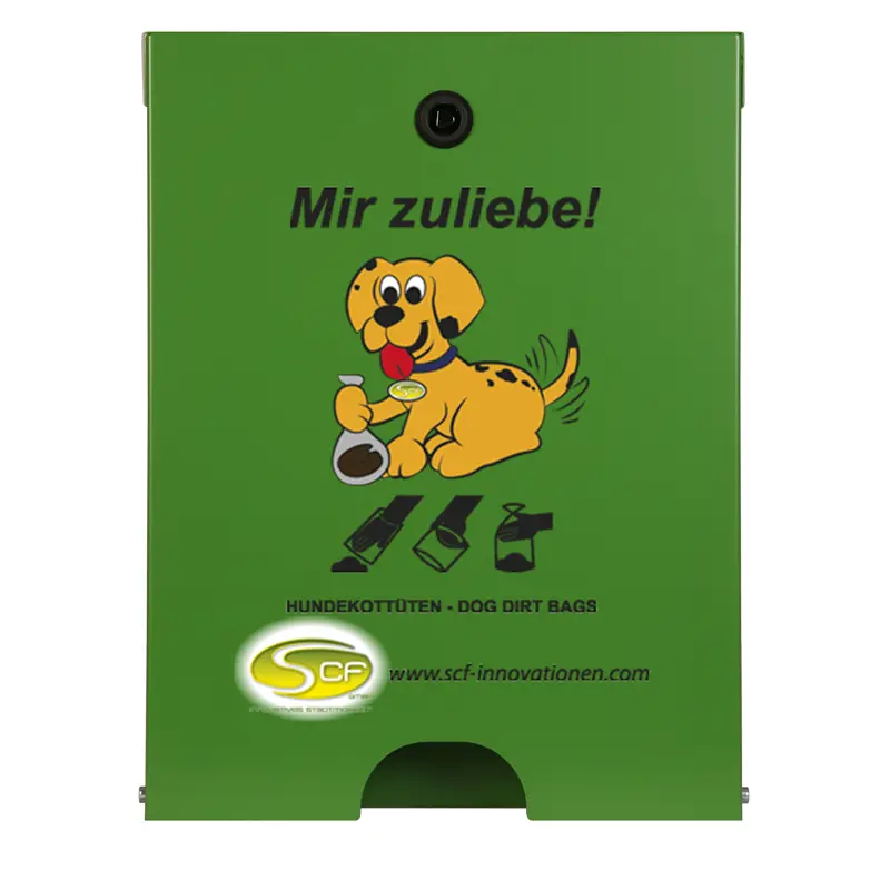 Hundekotbeutelspender Flexi – Maigrün. Hundekotbeutelspender Flexi in Maigrün mit schwarzem „Mir zuliebe!“-Aufdruck und Hundemotiv.
