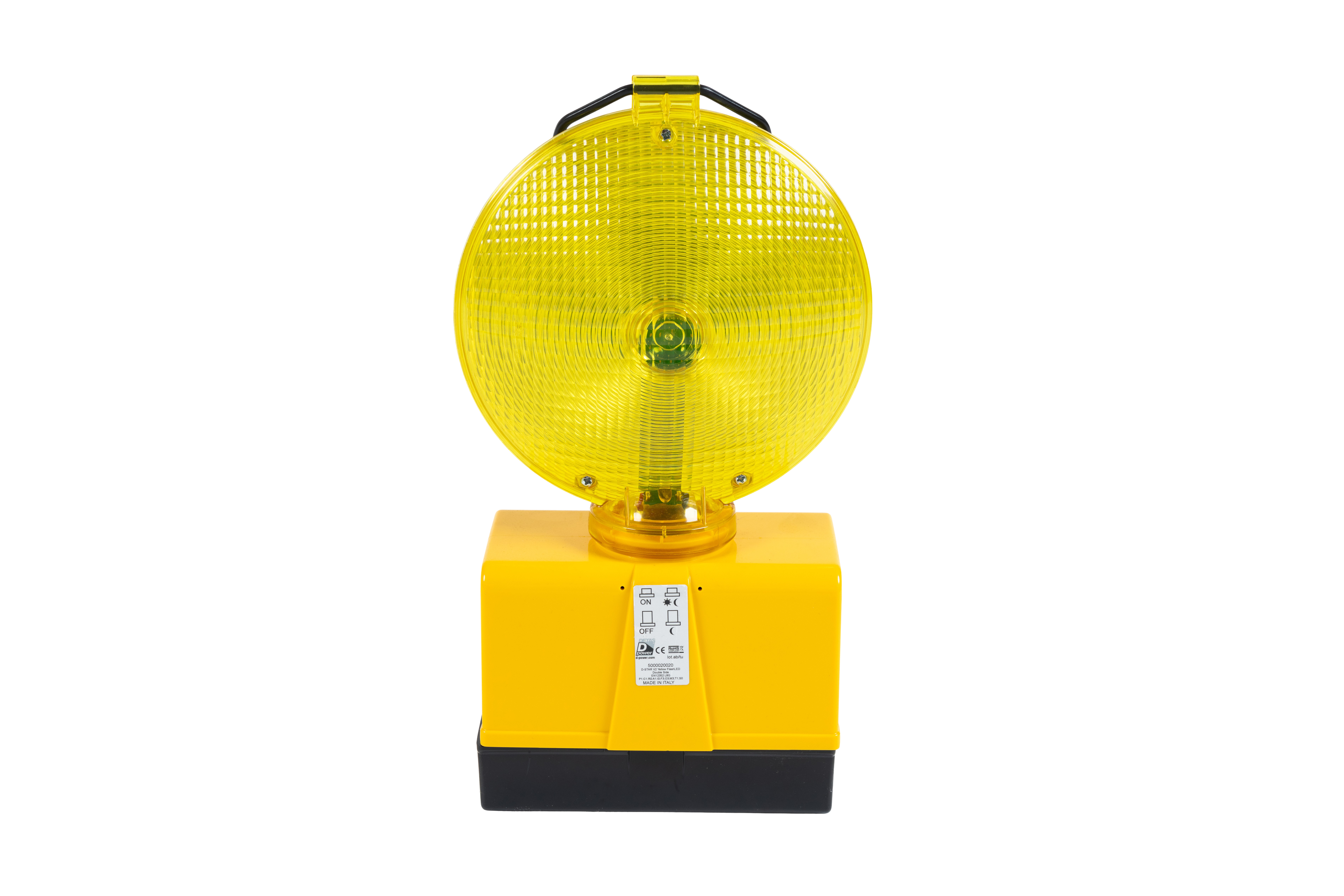 Frontansicht der LED-Blinkleuchte D-Star-g mit gelbem Doppellinsengehäuse und schwarzem Batteriefach