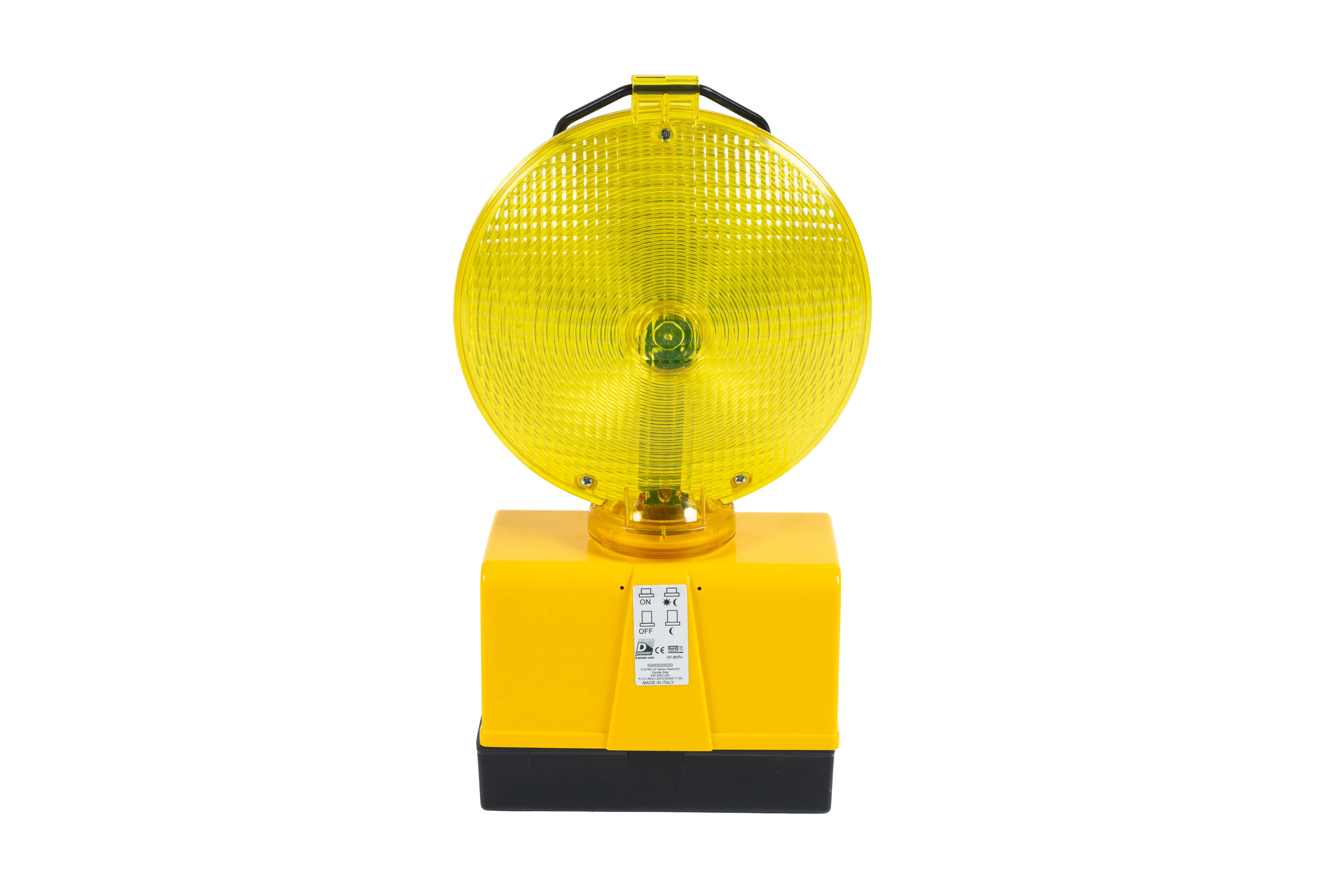 Frontansicht der LED-Blinkleuchte D-Star-g mit gelbem Doppellinsengehäuse und schwarzem Batteriefach