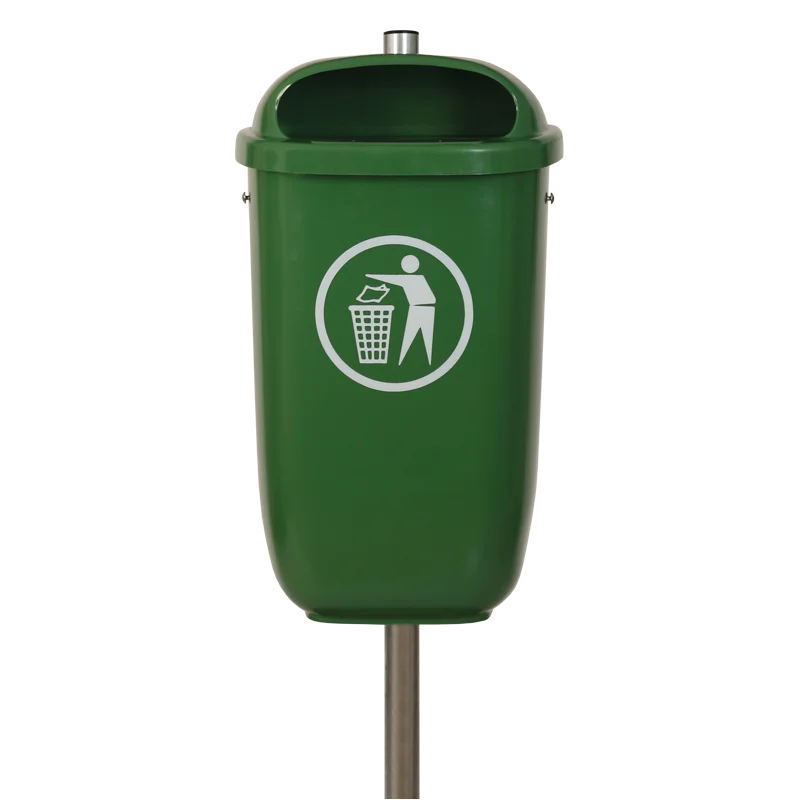 Mistkübel FLEXI aus Kunststoff in Laubgrün, mit oberer Einwurföffnung und weißem Piktogramm einer Person, die Abfall in einen Korb wirft.