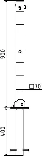 echnische Zeichnung eines umlegbaren Absperrpfostens 70x70 mm mit Bodenhülse und Bodenplatte – Maße 900 mm über Flur, 400 mm unter Flur