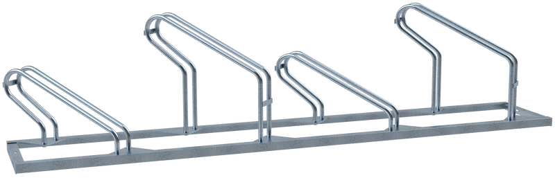 Fahrradständer mit vier diagonal nach links ausgerichteten Stellplätzen, robuste feuerverzinkte Stahlkonstruktion mit durchgehender Bodenplatte