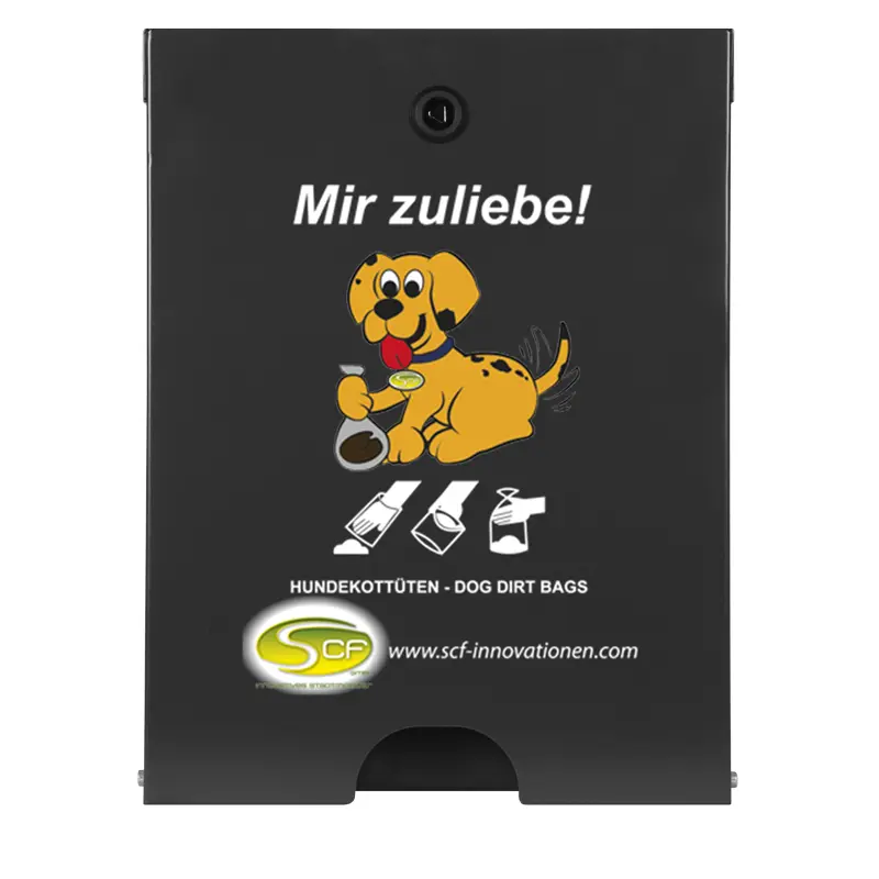  Hundekotbeutelspender Flexi in Schwarzgrau mit weißem Schriftzug „Mir zuliebe!“, Hundemotiv und Symbolen zur Beutelentnahme.