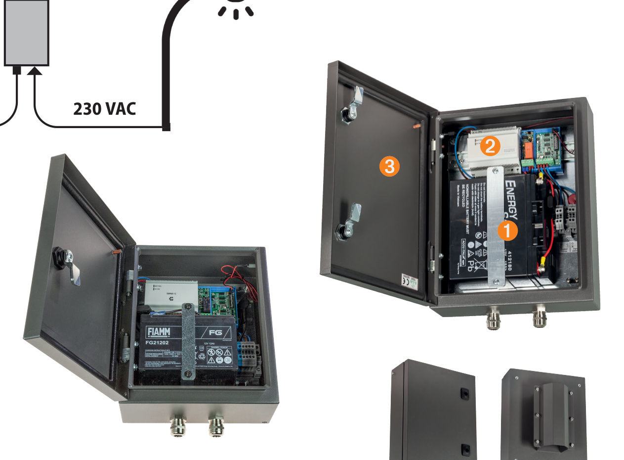 Stromversorgungs-/Batteriekit 12 Ah, Box 280×240 mm, BCS Klasse II, Halterung Ø60