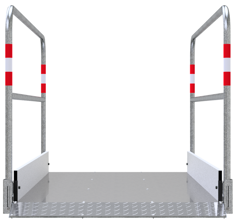 Frontansicht einer Grabenbrücke mit Handlauf und rutschfester Trittfläche aus verzinktem Stahl