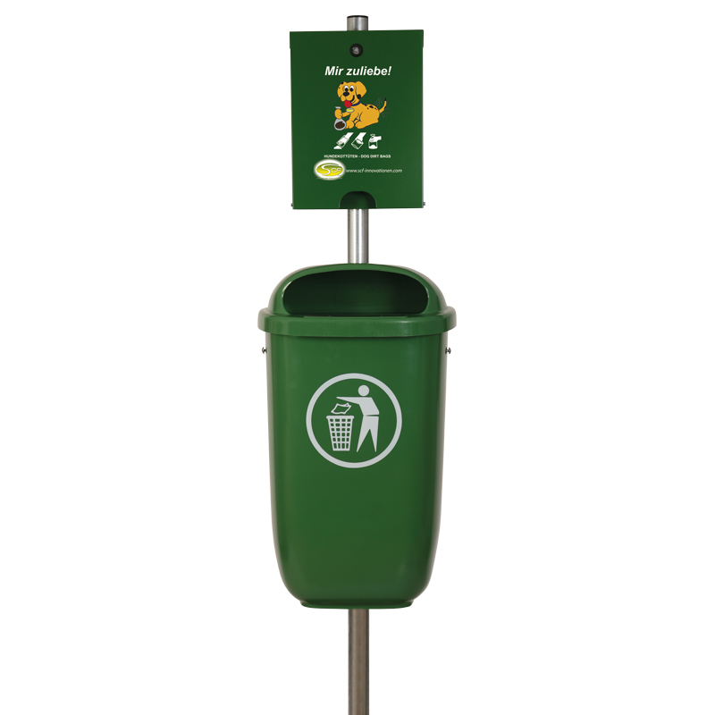 FLEXI Hundekotbeutelspender & Mistkübel – RAL 6005, mit/ohne Säule Hundekotbeutelspender FLEXI und Mistkübel FLEXI in Dunkelgrün (RAL 6005), nebeneinander dargestellt, mit und ohne Säule