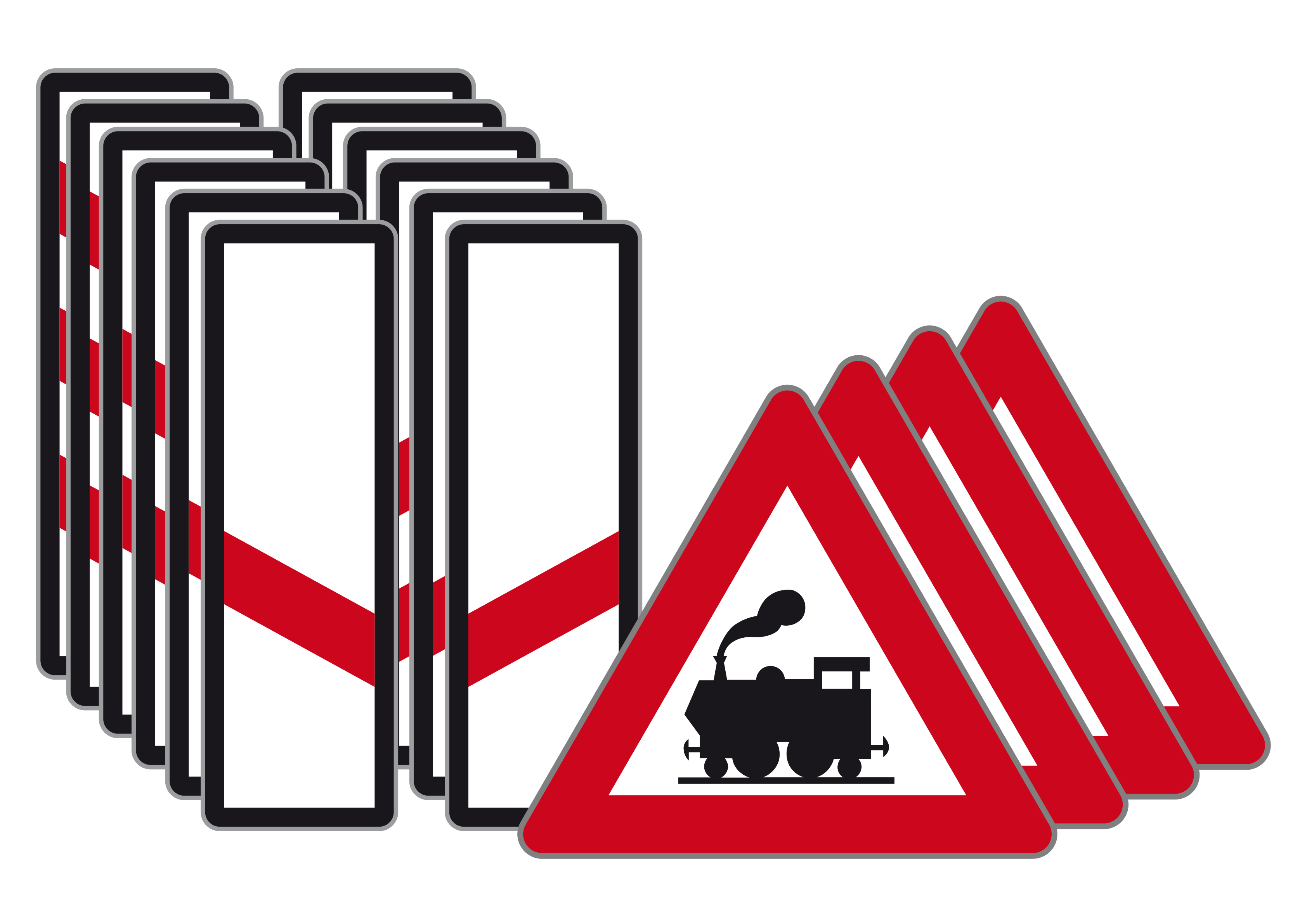 Verkehrszeichen Bahnübergang ohne Schranken – Set 16-teilig (12 Baken 310 × 960, 4 Dreiecke 700 mm)