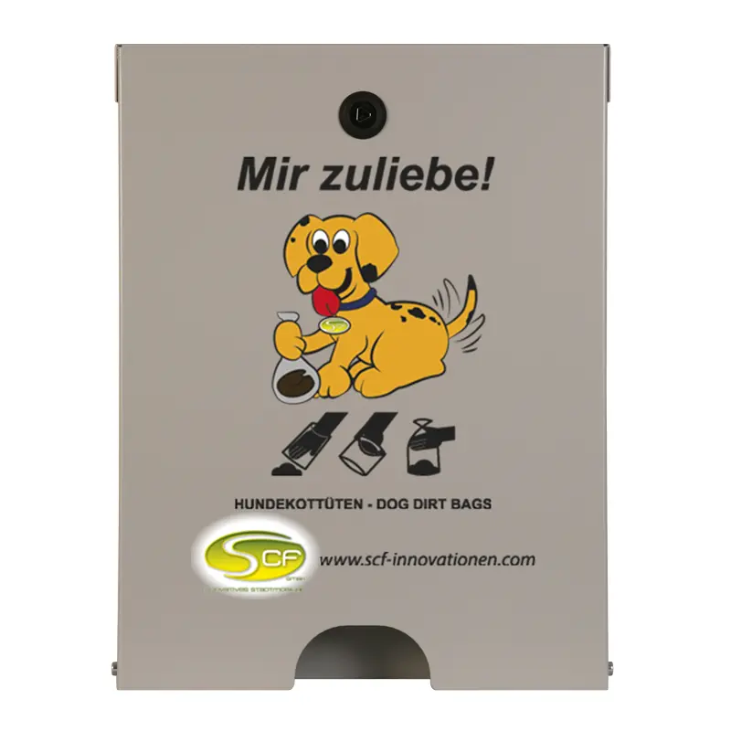  Hundekotbeutelspender Flexi in Weißaluminium mit schwarzem Schriftzug „Mir zuliebe!“, einem Hundemotiv und Symbolen zur Beutelentnahme.