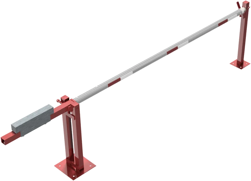 Wegeschranke mit Gegengewicht und Auflagestütze 3 m (Vorhangschloss, Profilzylinderschloss, Dreikanntschloss) schräg links