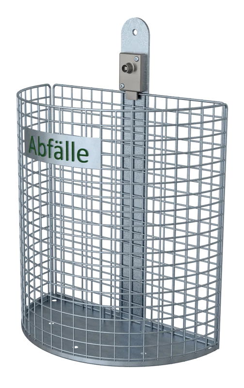 Schrägansicht eines runden Mistkübels aus Drahtgitter mit Wandhalterung und grünem Aufdruck „Abfälle“