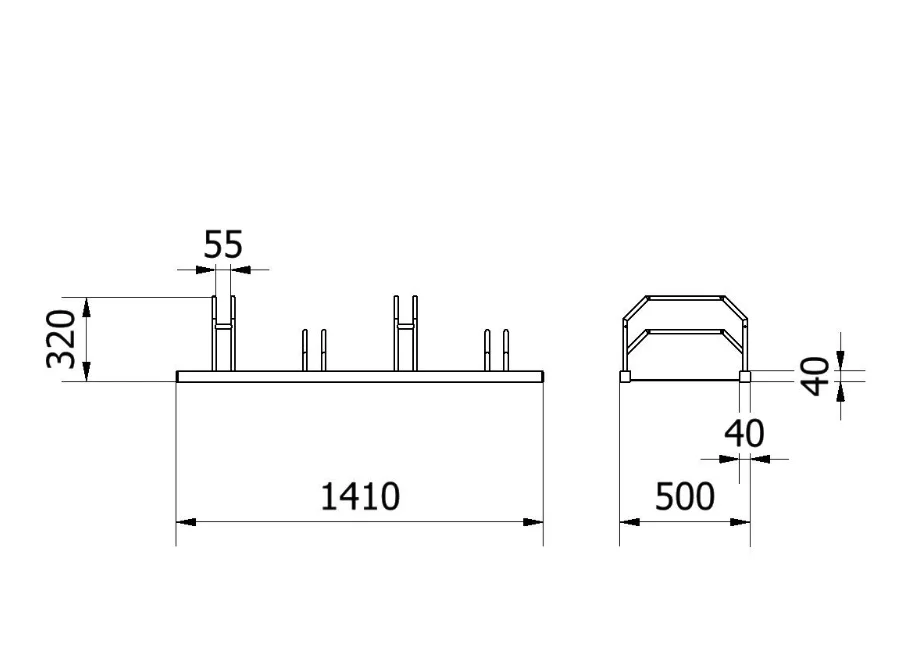 Fahrradständer für das abstellen in einer Reihe 4 Stellplätze mit hoch / tiefstellung  Technischezeichnung