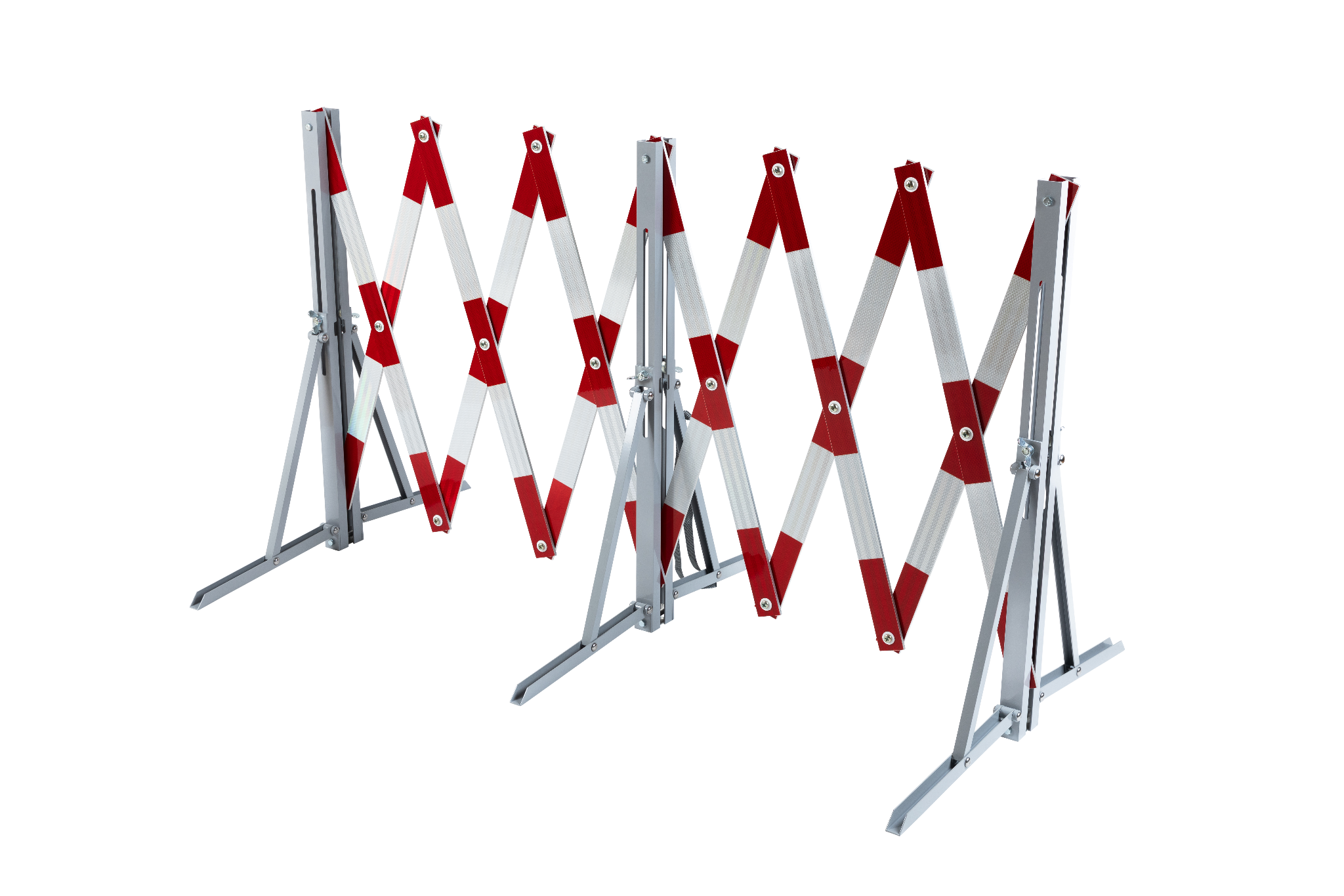 Scherengitter Premium – Aluminium-Ausführung im ausgezogenen Zustand mit Standvorrichtung Ausgeklapptes Scherengitter aus Aluminium mit reflektierenden roten und weißen Streifen und stabilen Standfüßen