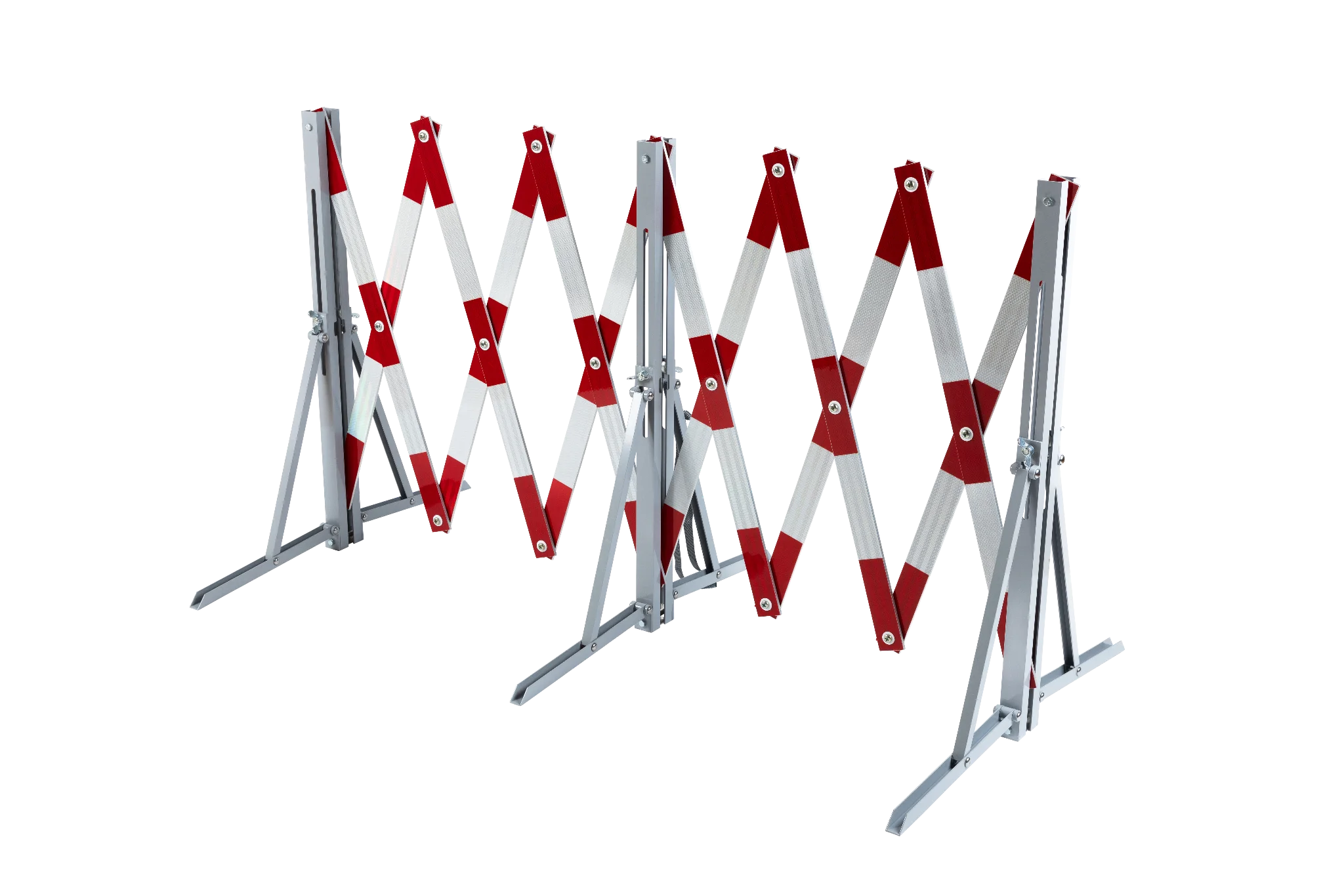 Ausgeklapptes Scherengitter aus Aluminium mit reflektierenden roten und weißen Streifen und stabilen Standfüßen