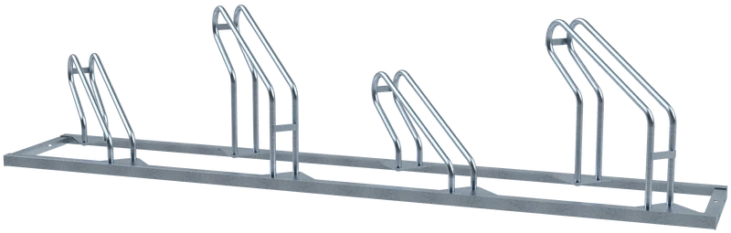  Fahrradständer mit vier schräg links ausgerichteten Stellplätzen, feuerverzinkte Stahlkonstruktion mit hoher Stabilität und versetzten Einstellbügeln