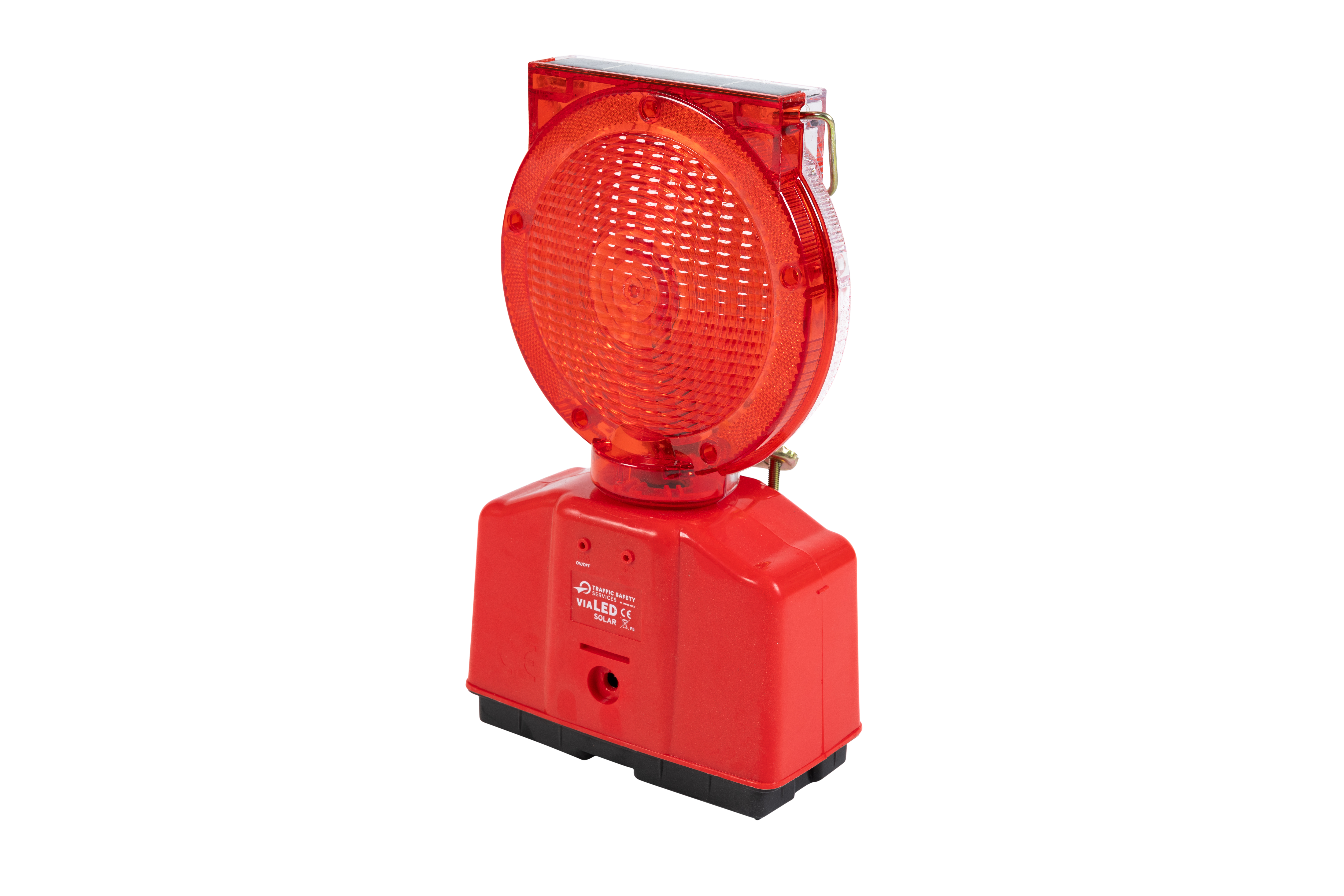 LED-Baustellenlampe mit rotem Gehäuse – seitlich geneigte Ansicht