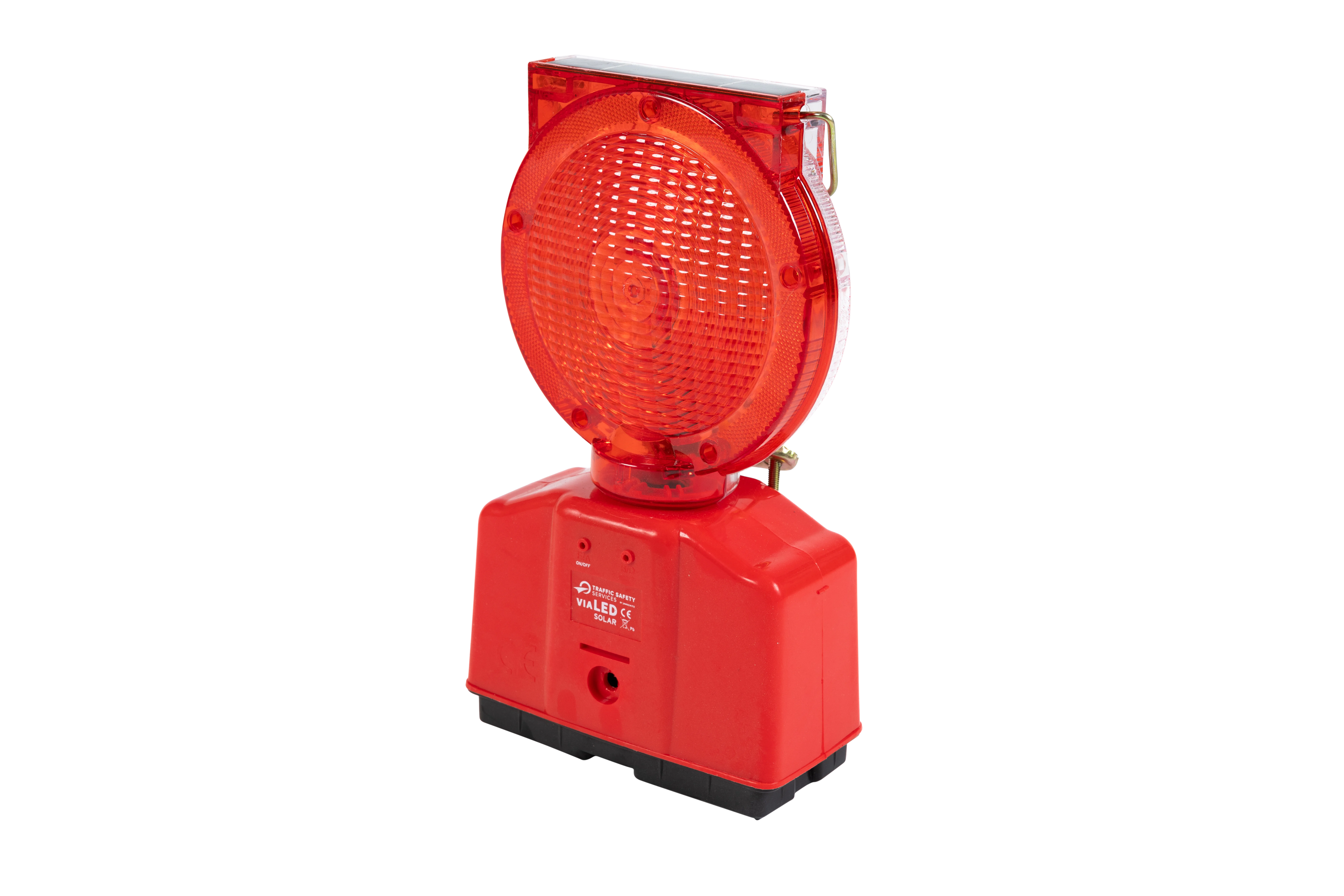 LED-Baustellenlampe mit rotem Gehäuse – seitlich geneigte Ansicht