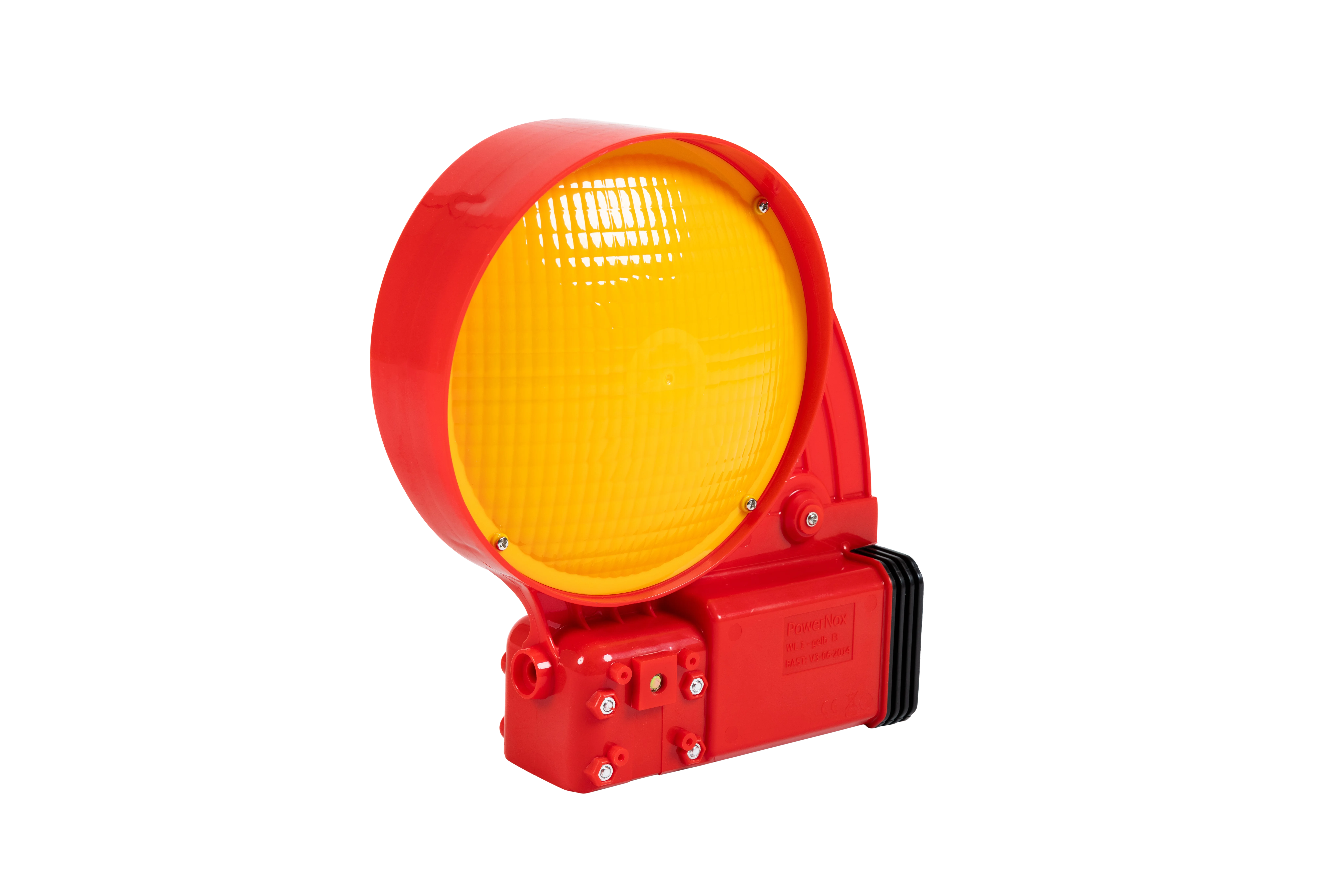 Rote NOX Blitzleuchte mit gelbem Rundreflektor für temporäre Verkehrssicherung