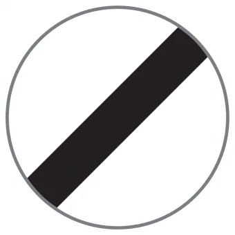 Ende von Überholverboten und Geschwindigkeitsbeschränkungen Verkehrszeichen mit schwarzem Diagonalbalken auf weißem Grund 