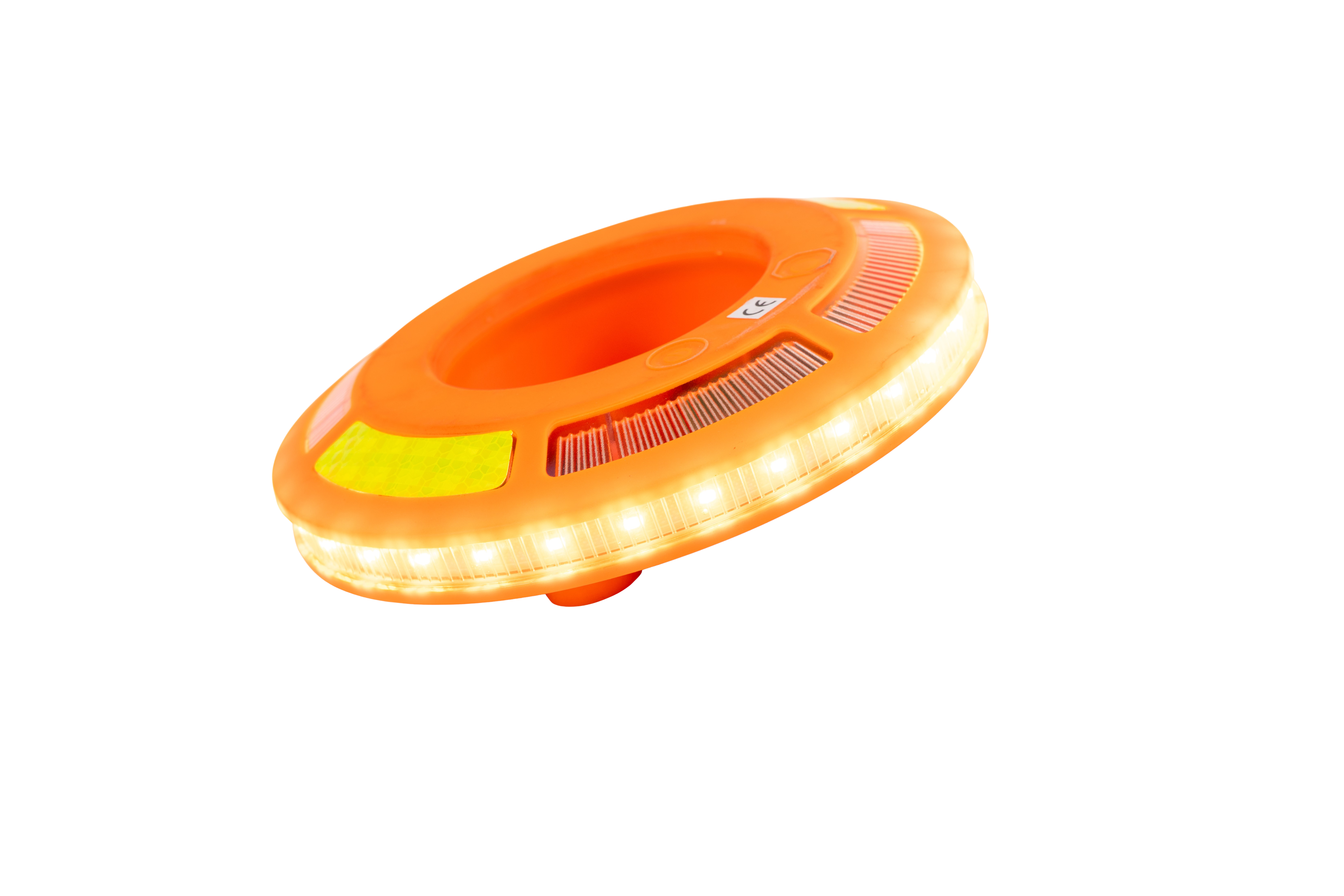 LED-Lauflicht in Ringform für Leitkegel, schräg fotografiert mit eingeschaltetem Licht