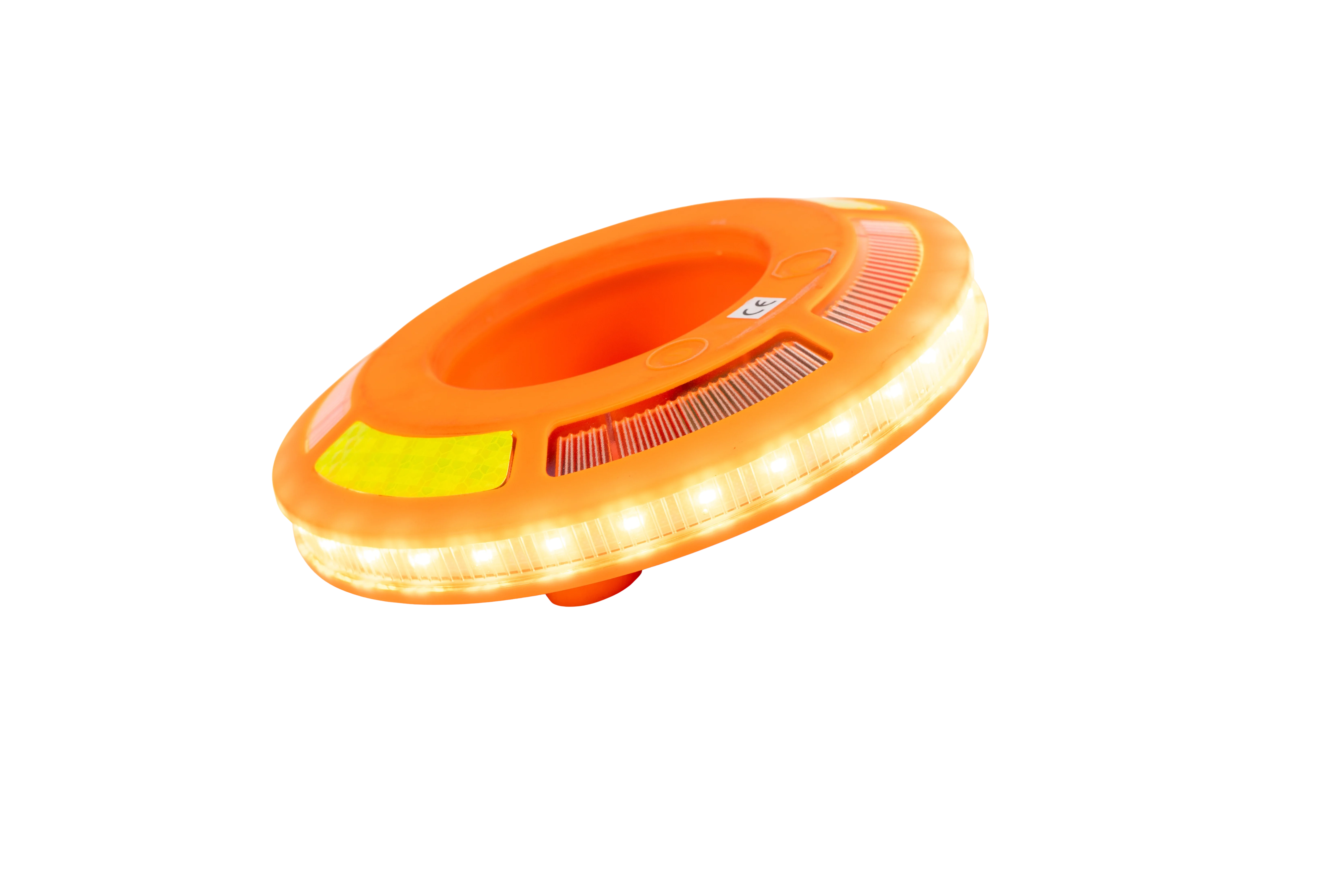LED-Lauflicht in Ringform für Leitkegel, schräg fotografiert mit eingeschaltetem Licht