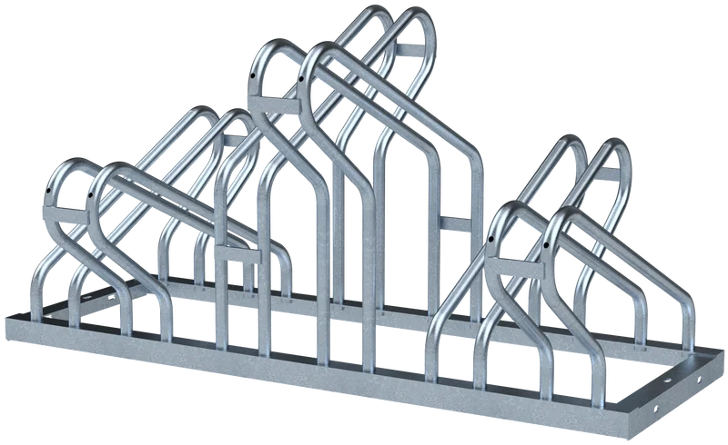 Doppelseitiger Fahrradständer mit zwei Reihen à drei Stellplätzen, feuerverzinkte Stahlkonstruktion in Schrägansicht, versetzte Bügelanordnung für platzsparende Abstellung