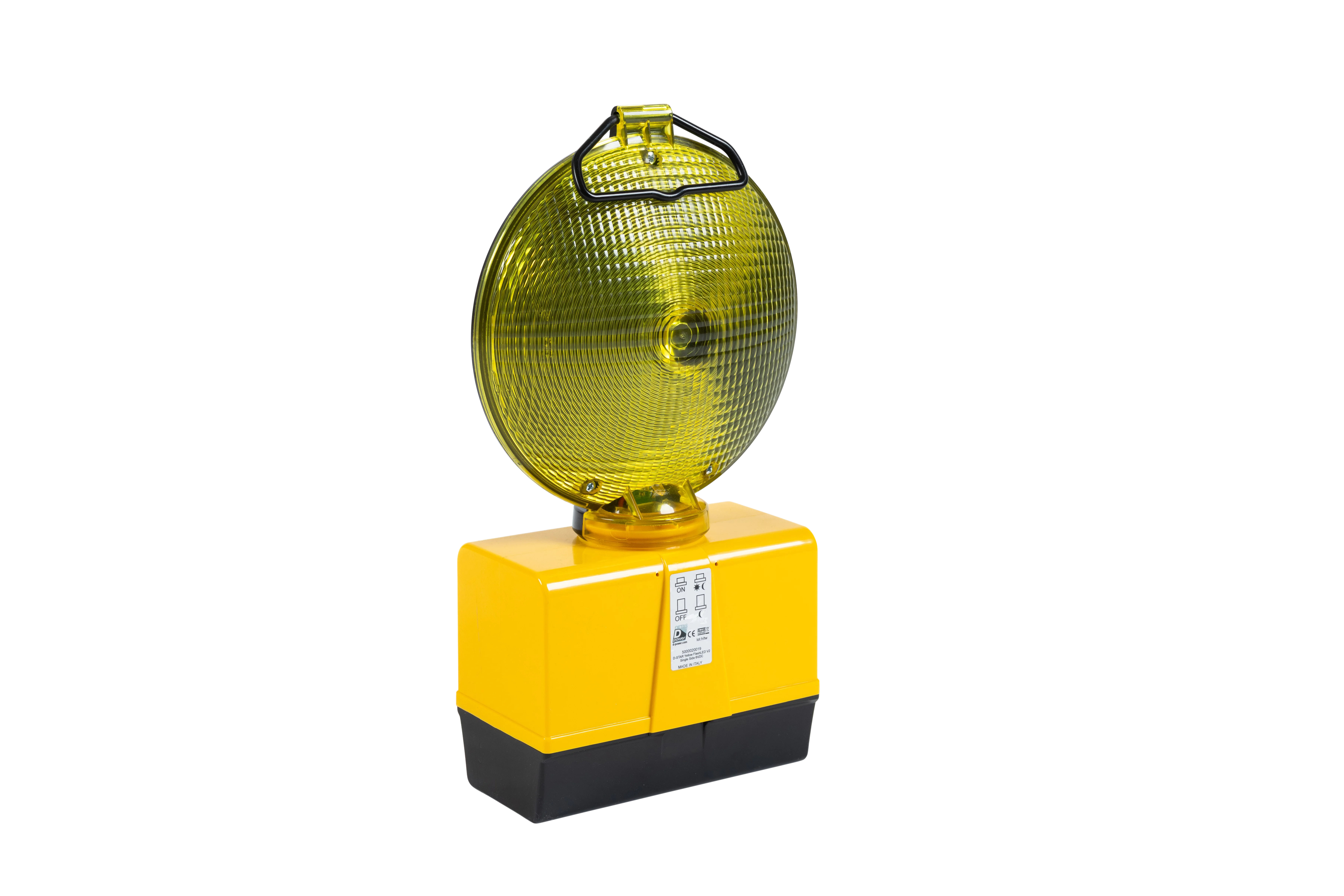 LED-Blinkleuchte D-Star-s in schräger Ansicht mit gelber Frontlinse und schwarzer Rückseite