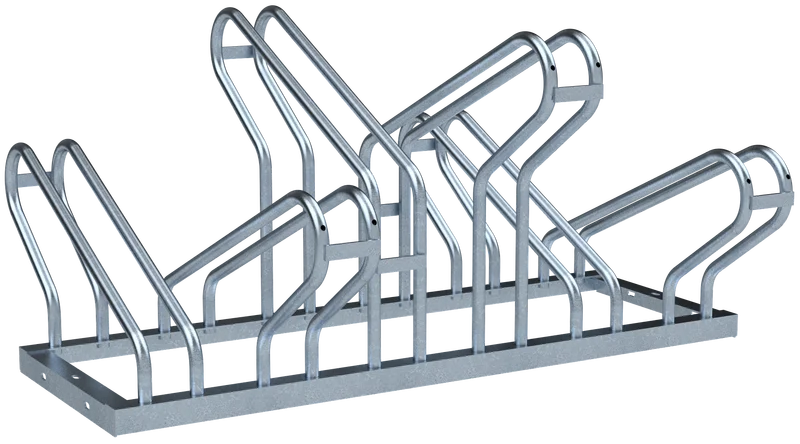 oppelseitiger Fahrradständer mit zwei Reihen à drei Stellplätzen, feuerverzinkte Stahlkonstruktion mit versetzten Bügeln zur beidseitigen Nutzung