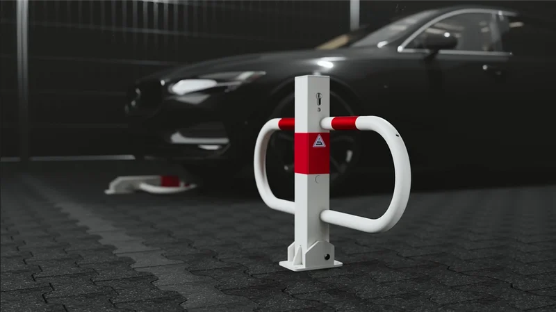 Absperrbügel mit Dreikantschloss in weiß-rot vor geparktem Auto, montiert auf Bodenplatte – Schutz vor unbefugtem Parken